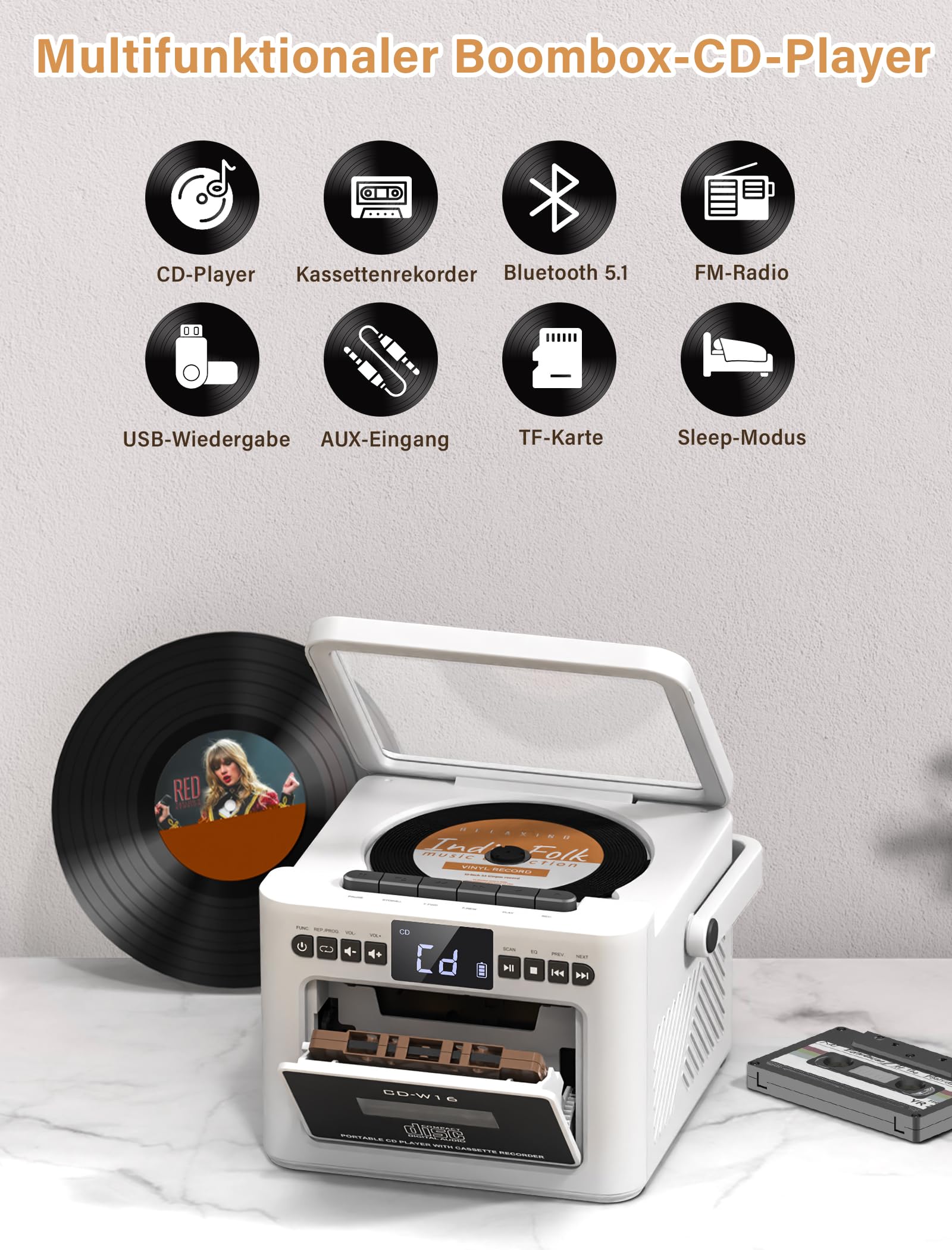 Boombox CD Player tragbar, CD-Player mit Kassettenspieler,UKW-Radio, Wiederaufladbarer Akku,Fernbedienung, USB/AUX/MP3/TF-Karten-Wiedergabe/3,5mm-Kopfhörer für Zuhause (5000mAh)