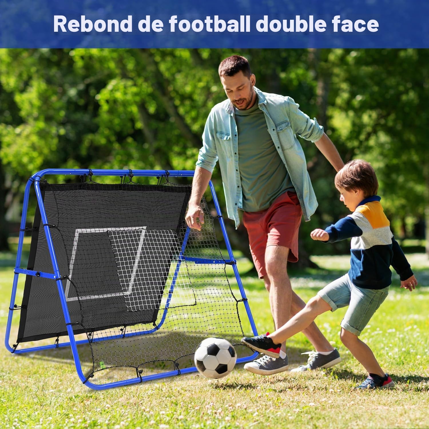 Bagail Filet de Rebond Double Face, Filet de Football avec Tige Peinte renforcée, Angle réglable, Structure Pliable, But de Football Portable de Jardin