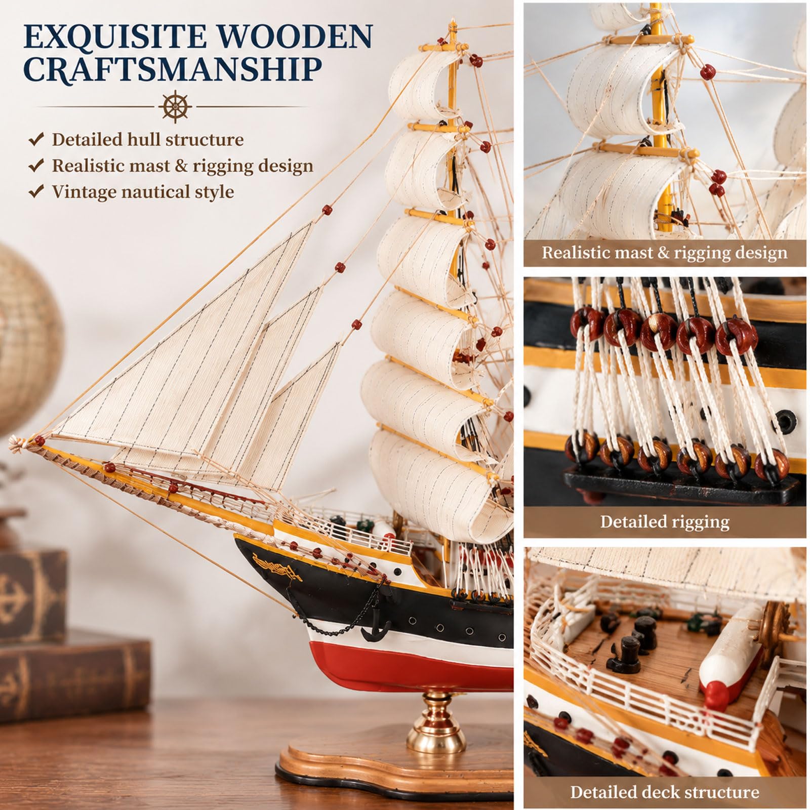YLME Modell eines Segelschiffs aus Holz Viermastiges Großsegelschiff | Maritime Vintage-Dekoration Großes Schiffsmodell für Zuhause oder Büro Sammler Geschenk für Segelbegeisterte