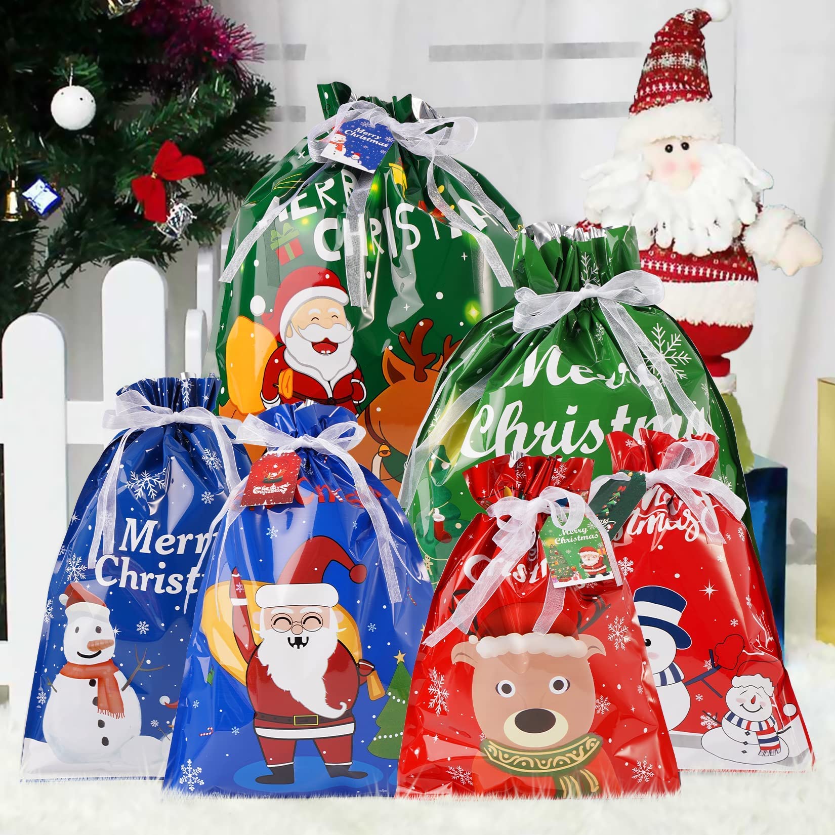 Chielor 30pcs Christmas Drawstring Bags 10 Style 5 Sizes,Christmas Gift Bags with Tags&Ribbon Ties, Christmas Goody Foil Bags for Gifts Party favor Holiday Gift Wrapping (30pack Drawstring Bags)