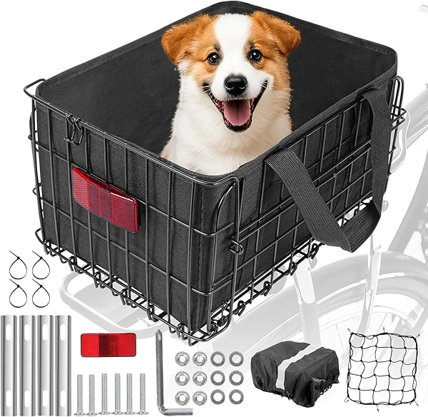 TWINDLE Heavy Duty Large E-Bike Basket Rear - Foldable Waterproof Steel Bicycle Cargo Basket/Removable Oxford Liner, Anti-Rust Coating for Commuting/Grocery Shopping/Pet Carrier, Fits Most Rear Racks