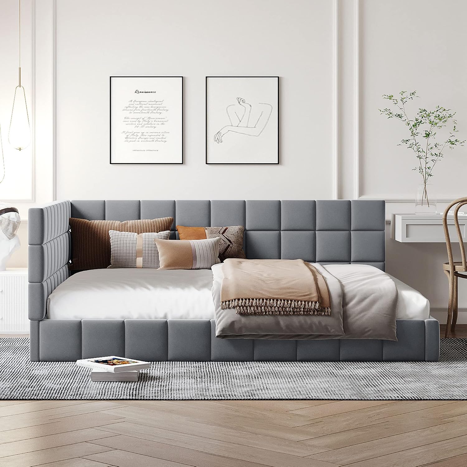 P PURLOVE Full Daybed, Wood Upholstered Sofa Bed Frame with Backrest, No Box Spring Needed(Gray)
