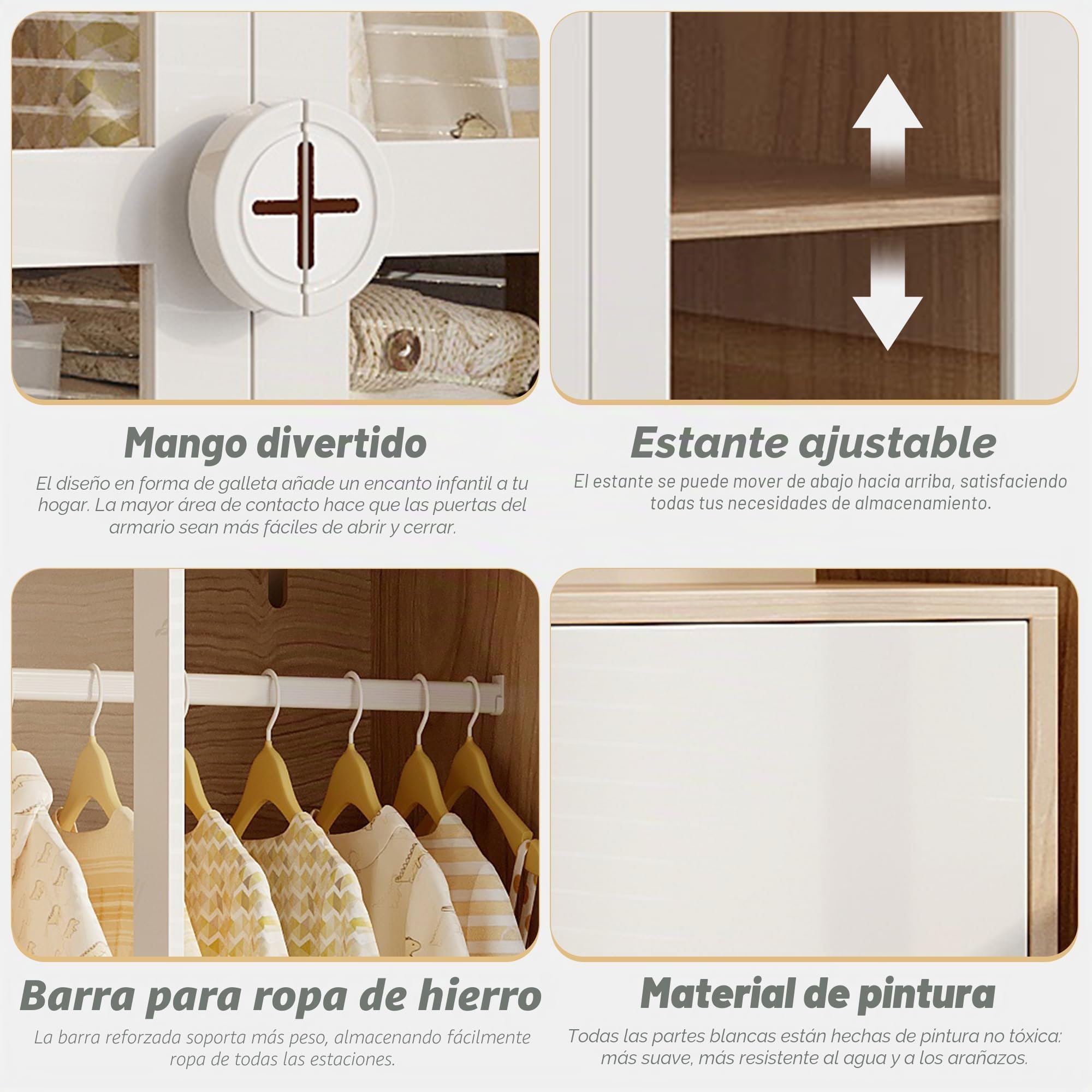 REXO Armario infantil de 80 × 50 × 150 cm, armario de puerta de cristal de dos puertas con barra para colgar y estantes deslizantes, asas de madera en forma de galleta, color blanco + madera natural