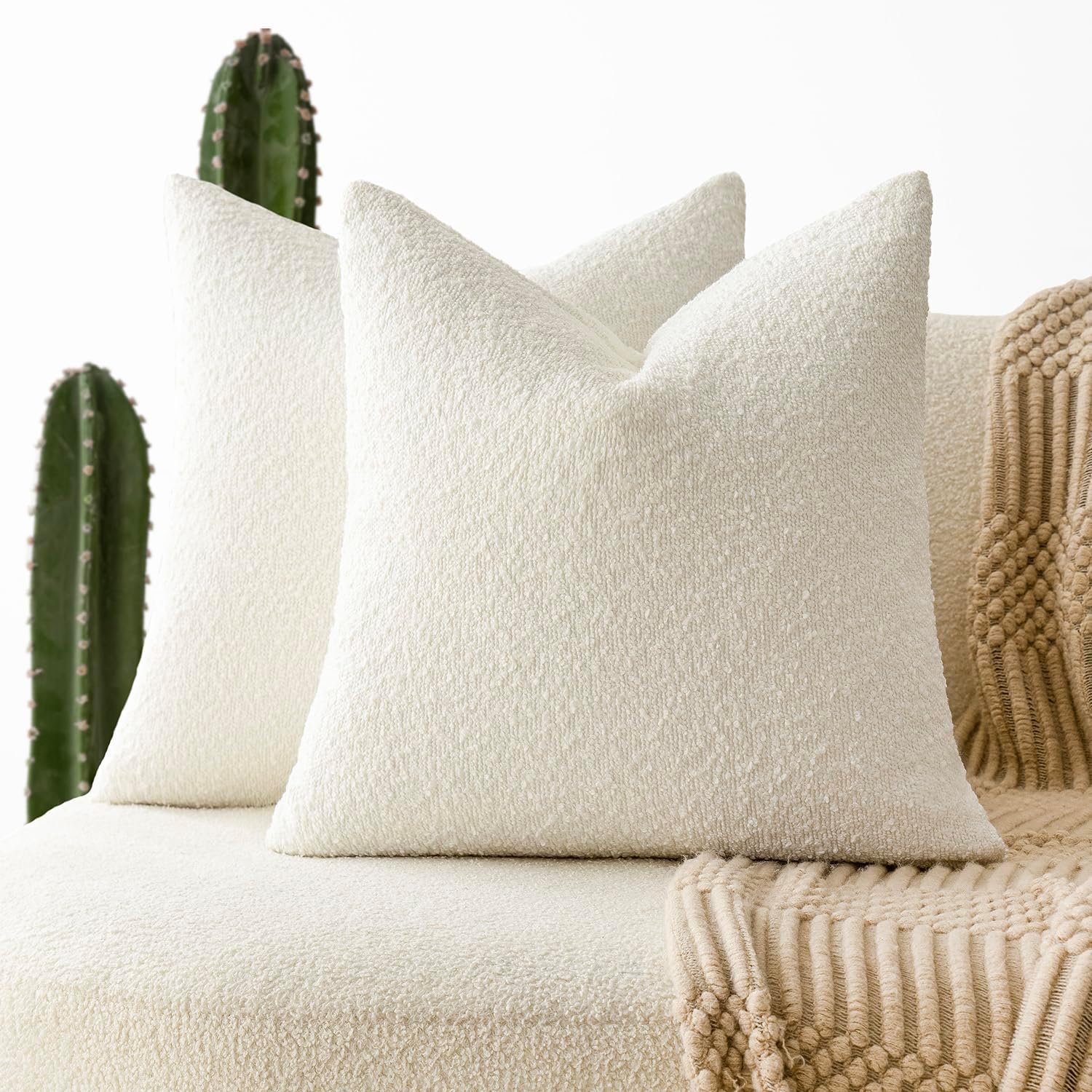 Foindtower Pack of 2, 20 x 20 Inch, Decorative Textured Boucle Throw Pillow Covers Accent Solid Pillow Cases Cozy Soft Couch Cushion Case for Chair Sofa Bedroom Living Room Home Decor, Cream White