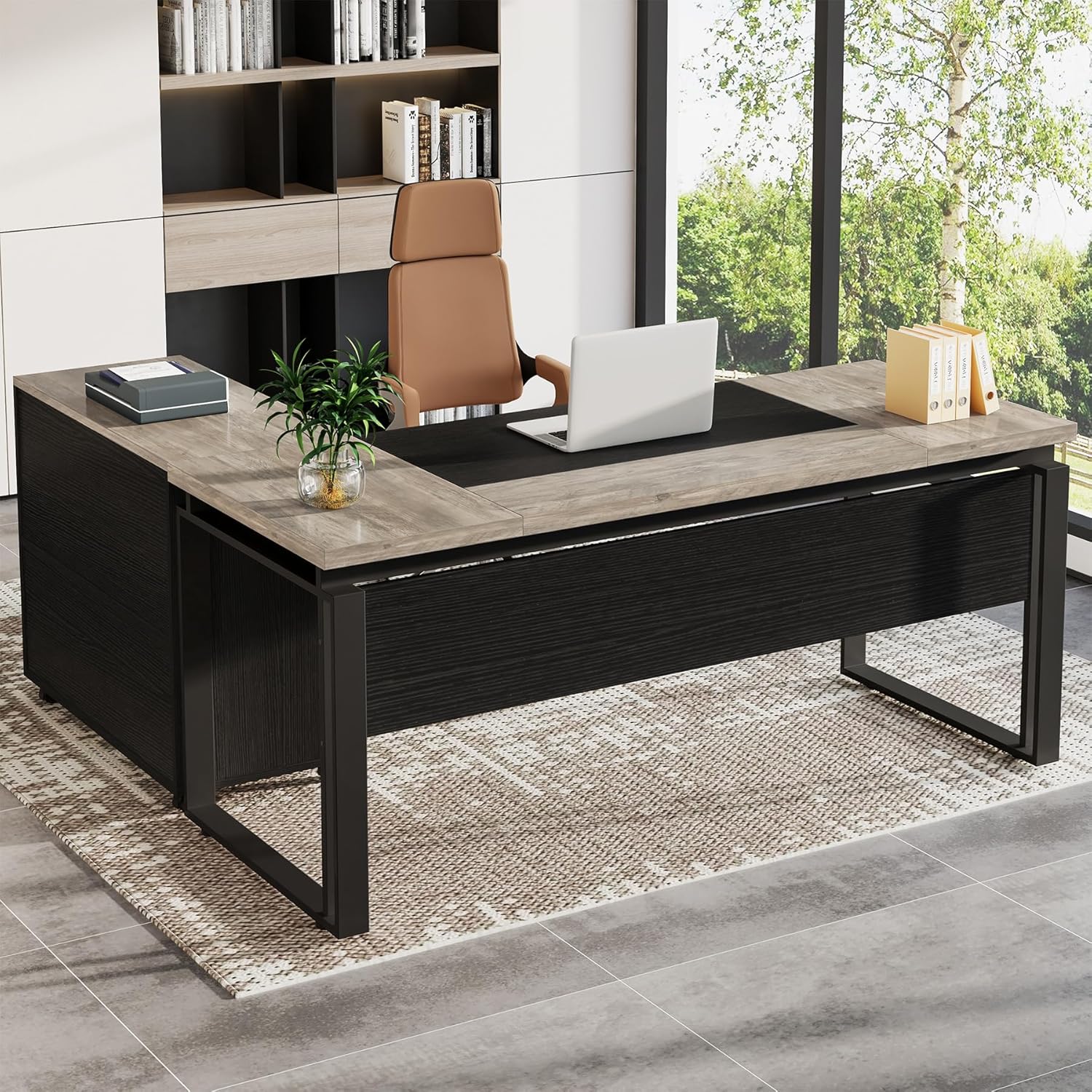 Tribesigns L-Shaped Executive Desk with Reversible File Cabinet, 63" Office Desk with Storage Drawers, L-Shaped Computer Desk with Drawer Cabinet for Hanging Letter Size Files (Gray & Black)