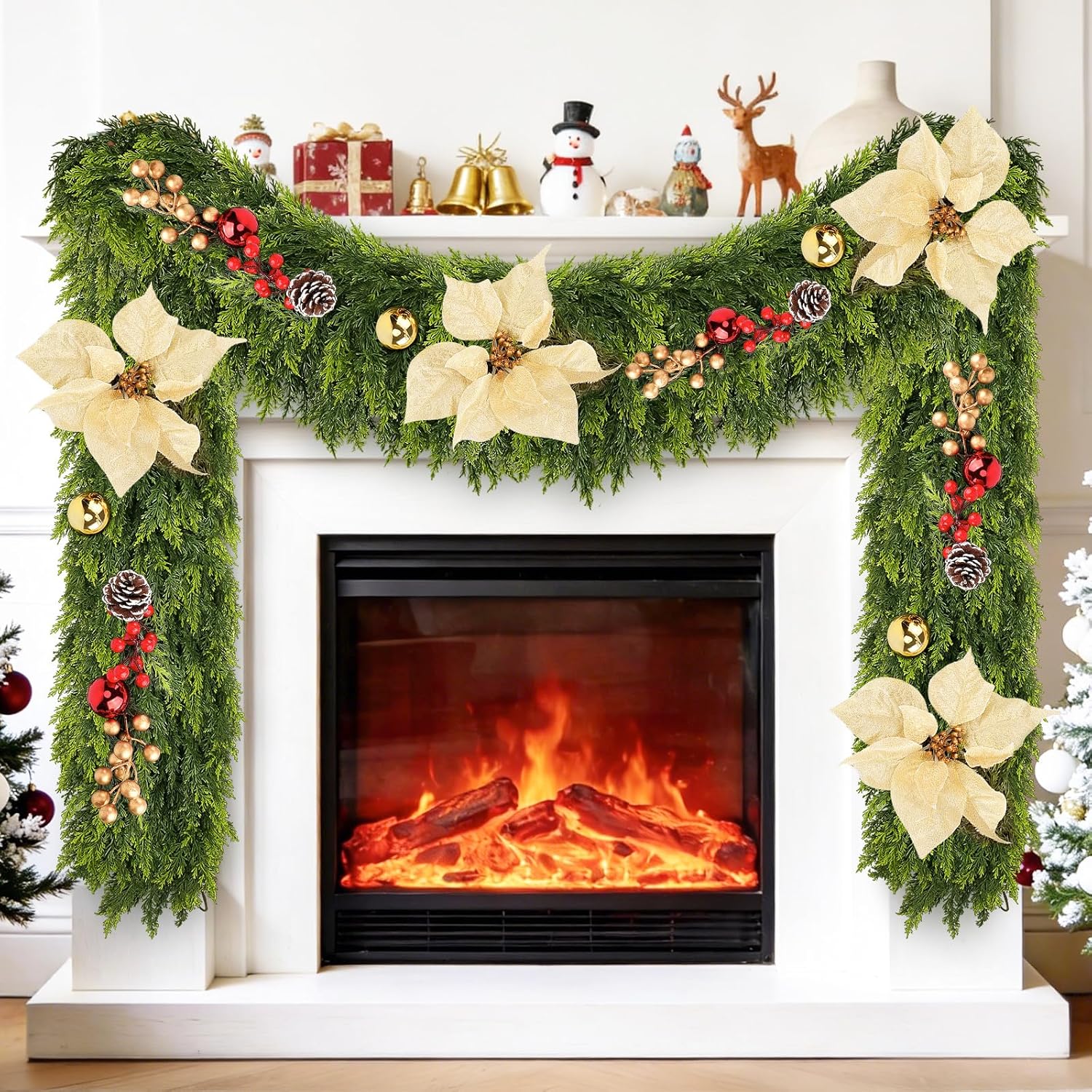 Real Touch Cedar Garland for All Year Decor, Thicken Cypress Green Artificial Greenery Garlands, 6FT Realistic Pine Garland with Flowers Berries Pinecones Balls, Cedar Garlands for Indoor Outdoor