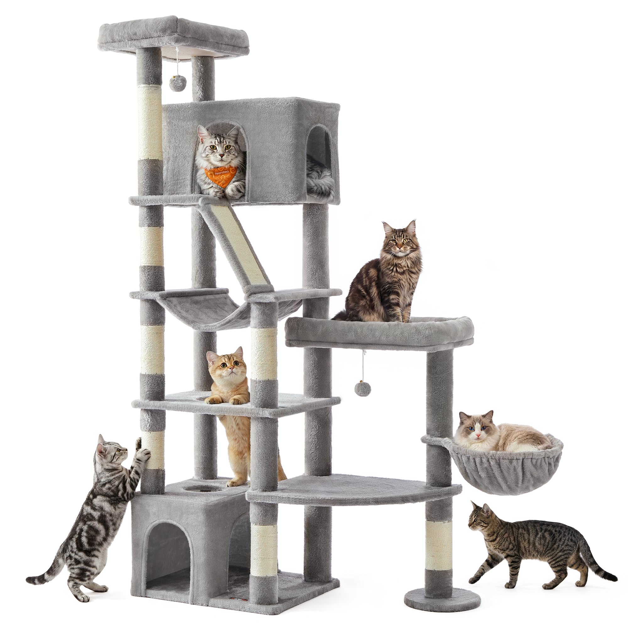 Feandrea Kratzbaum groß, 188 cm hoch, Katzenbaum für Große Katzen, mit 7 Sisalstämmen, 1 Kratzbrett, Doppelhöhle, große Plattform, für Mehrere Katzen, Hellgrau, Clawfy Kollektion PCT016G101