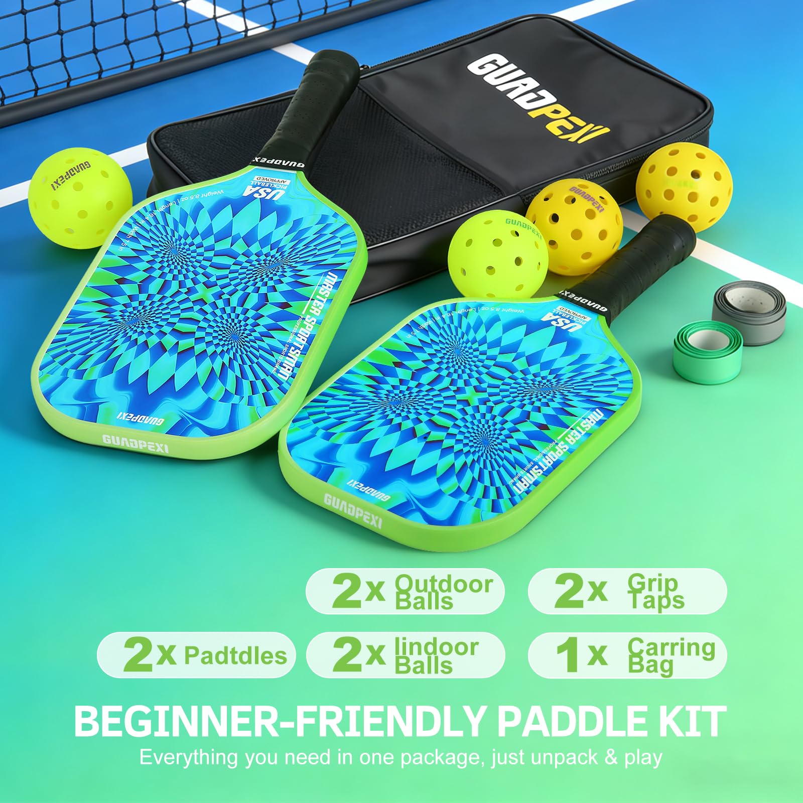 Palas de pickleball – Superficie de fibra de vidrio aprobada por USAPA, núcleo de panal de polipropileno – Pala ligera de 8.5 onzas con agarre acolchado que absorbe el sudor, diseño morado