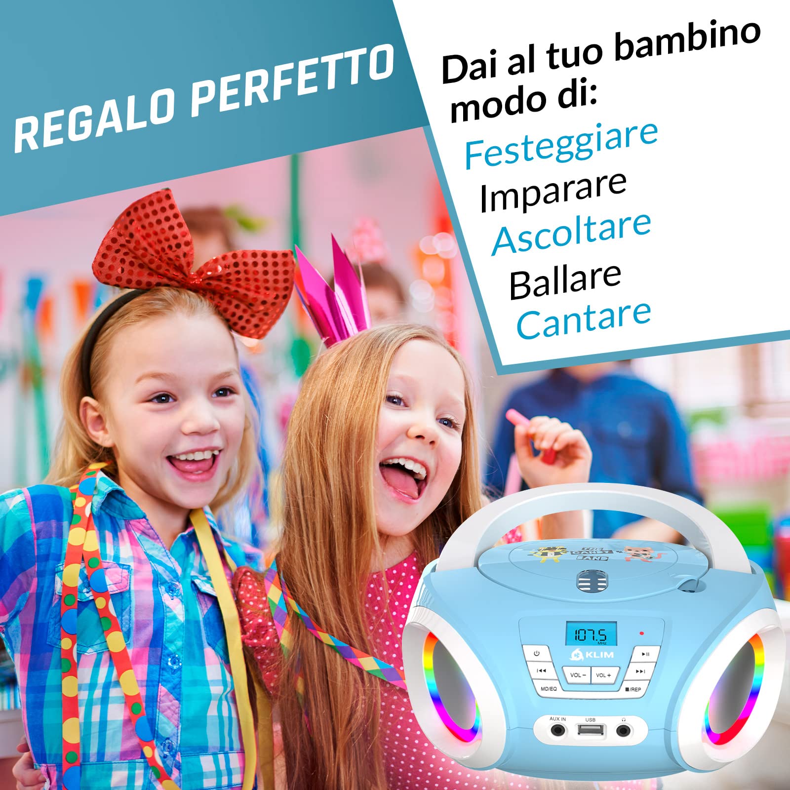 KLIM Candy Stereo per bambino NUOVO + Radio FM + Batterie incluse + Lettore CD Blu con altoparlanti e Radio + Regalo Perfetto