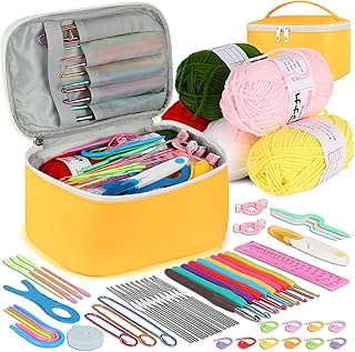 Kit de crochet coopay 60pcs Juego de ganchos para principiantes con hilo de 0.6-6.0 mm Crochet ganchy y accesorios, juego de crochet de viaje portátil con estuche, kit de inicio de crochet, amarillo