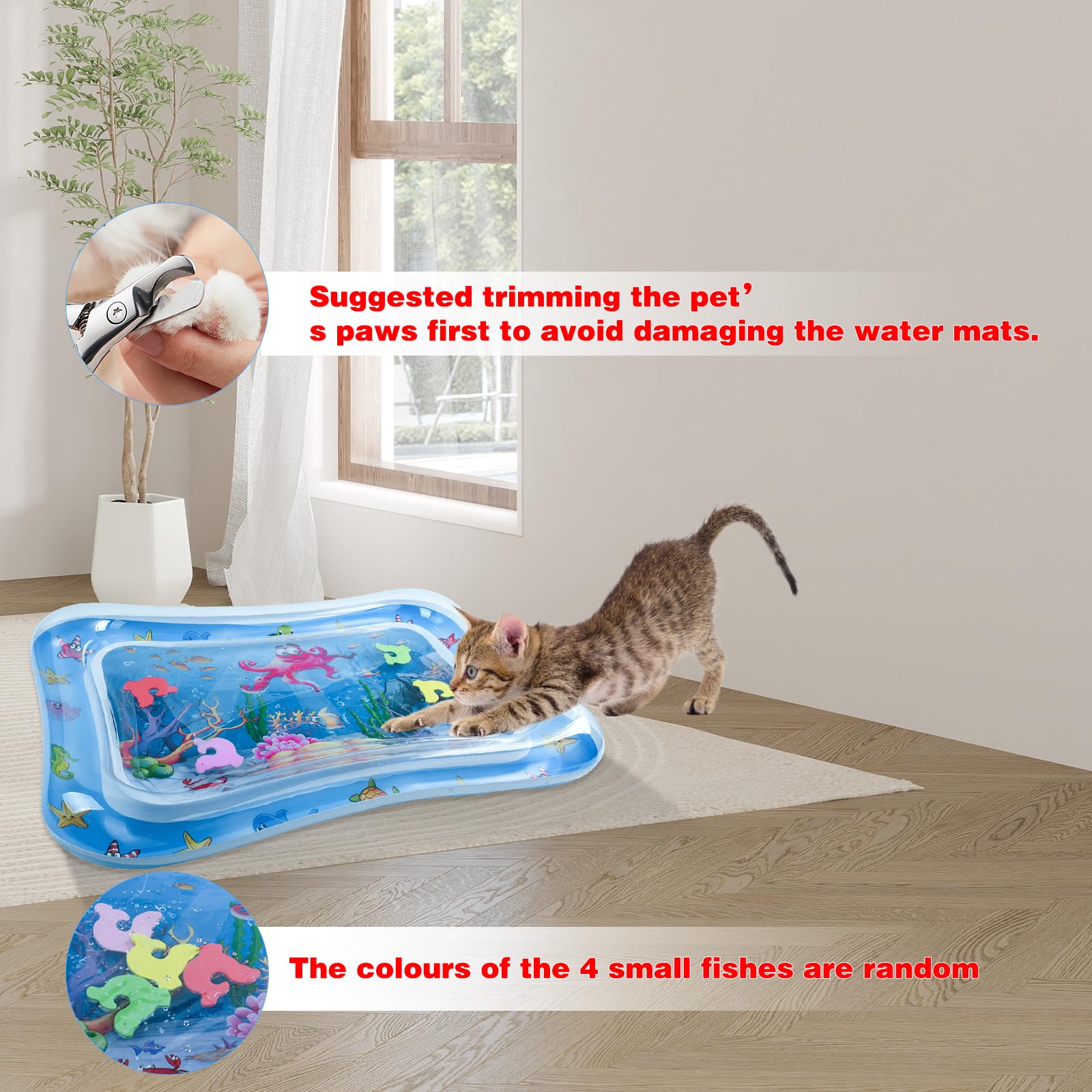 Tapis Eau Chat Tapis Jeu Chats Gonflable sur Le Thème de L'océan Été Tapi d'eau Sensoriel Interactif Anti-Rayures pour Chaton Chiens Animaux Intérieur et Extérieur