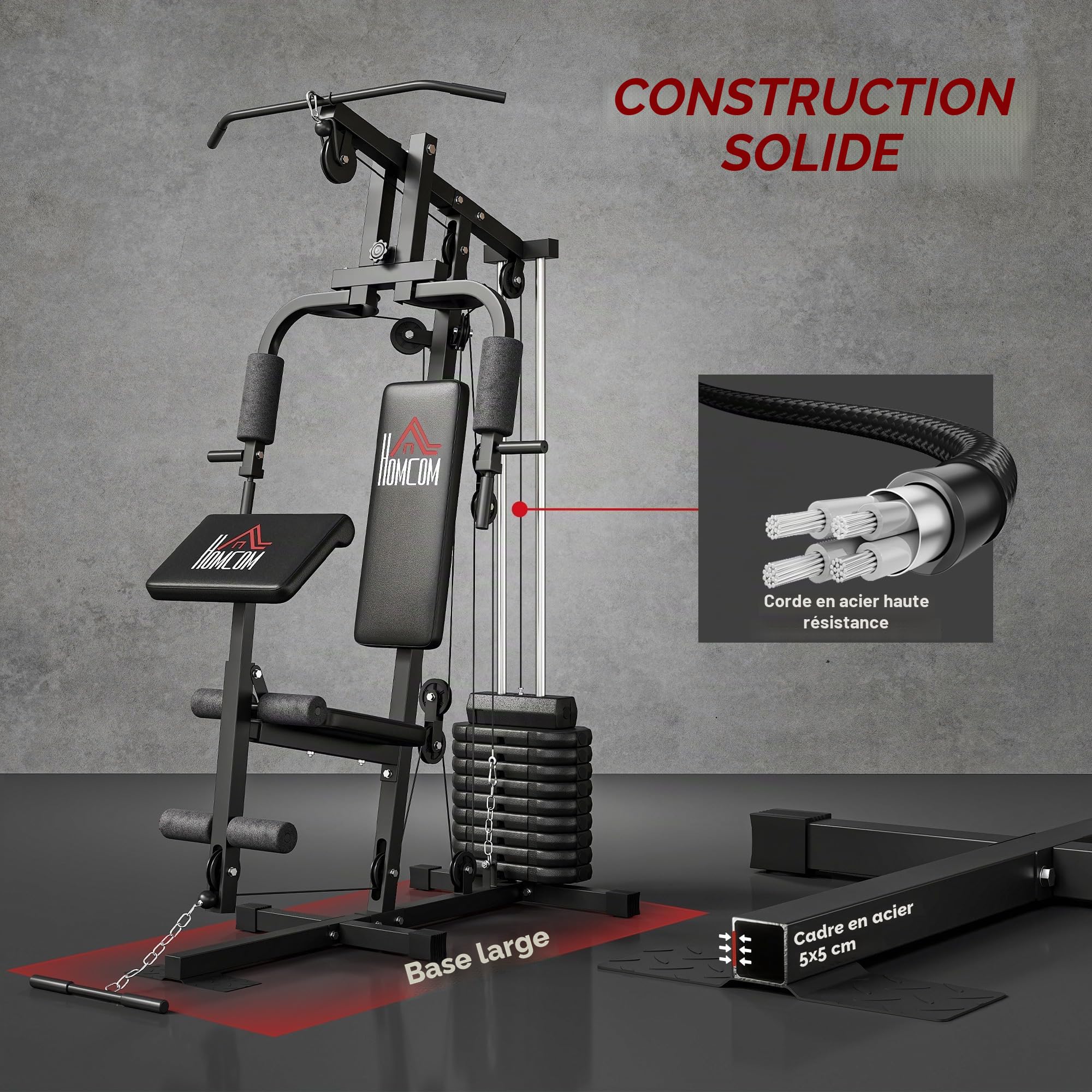 HOMCOM Station de Fitness multifonctionnelle Power Tower avec poids jusqu'à 45kg et banc rembourré pour la maison et l'entraînement professionnel, 135x103x210cm