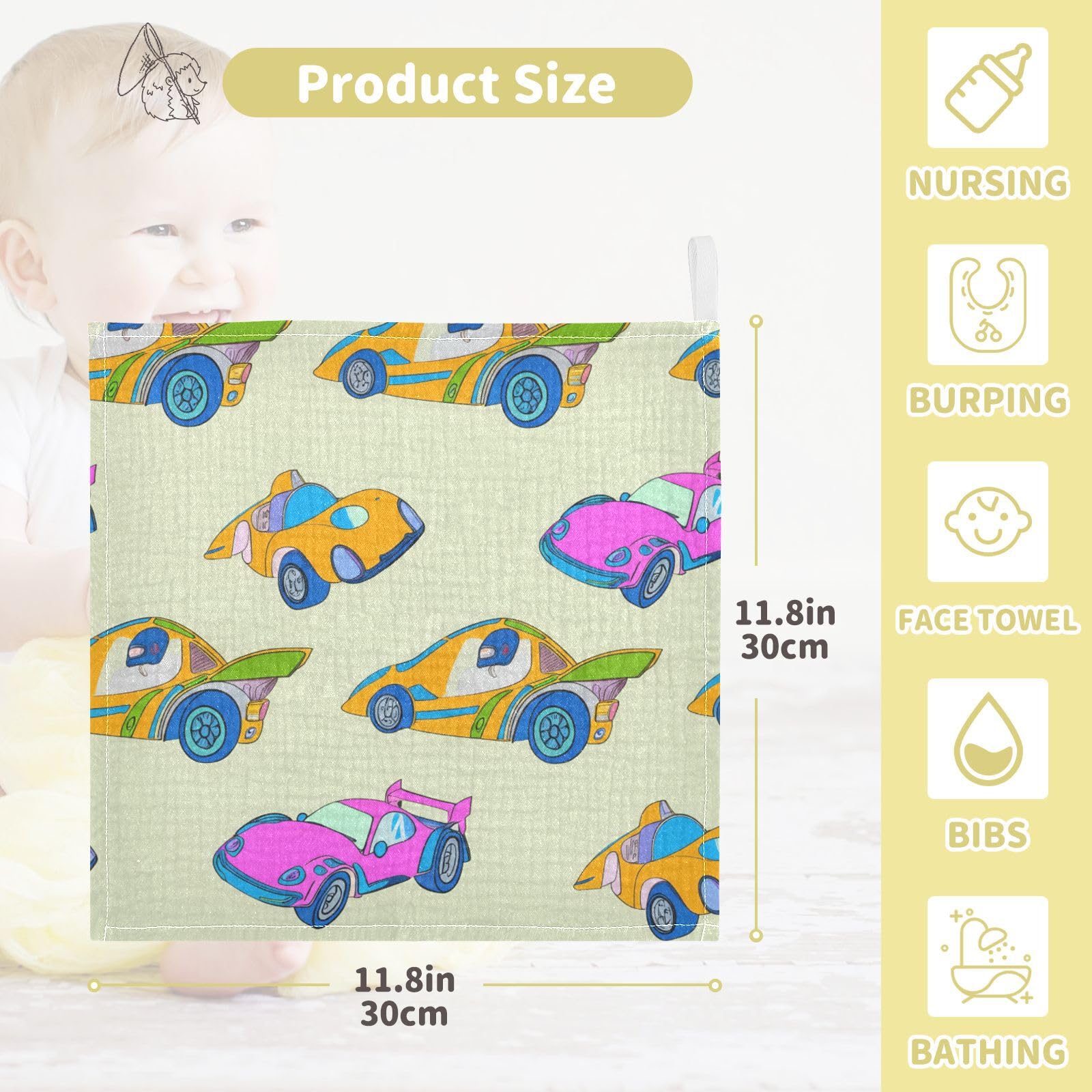 Kigai Tiny Cars Baby Washcloths,3pcs Ultra Soft Absorbent Towel,Newborn Bath Face Towel, Natural Reusable Baby Wipes for Sensitive Skin, Baby Registry as Shower