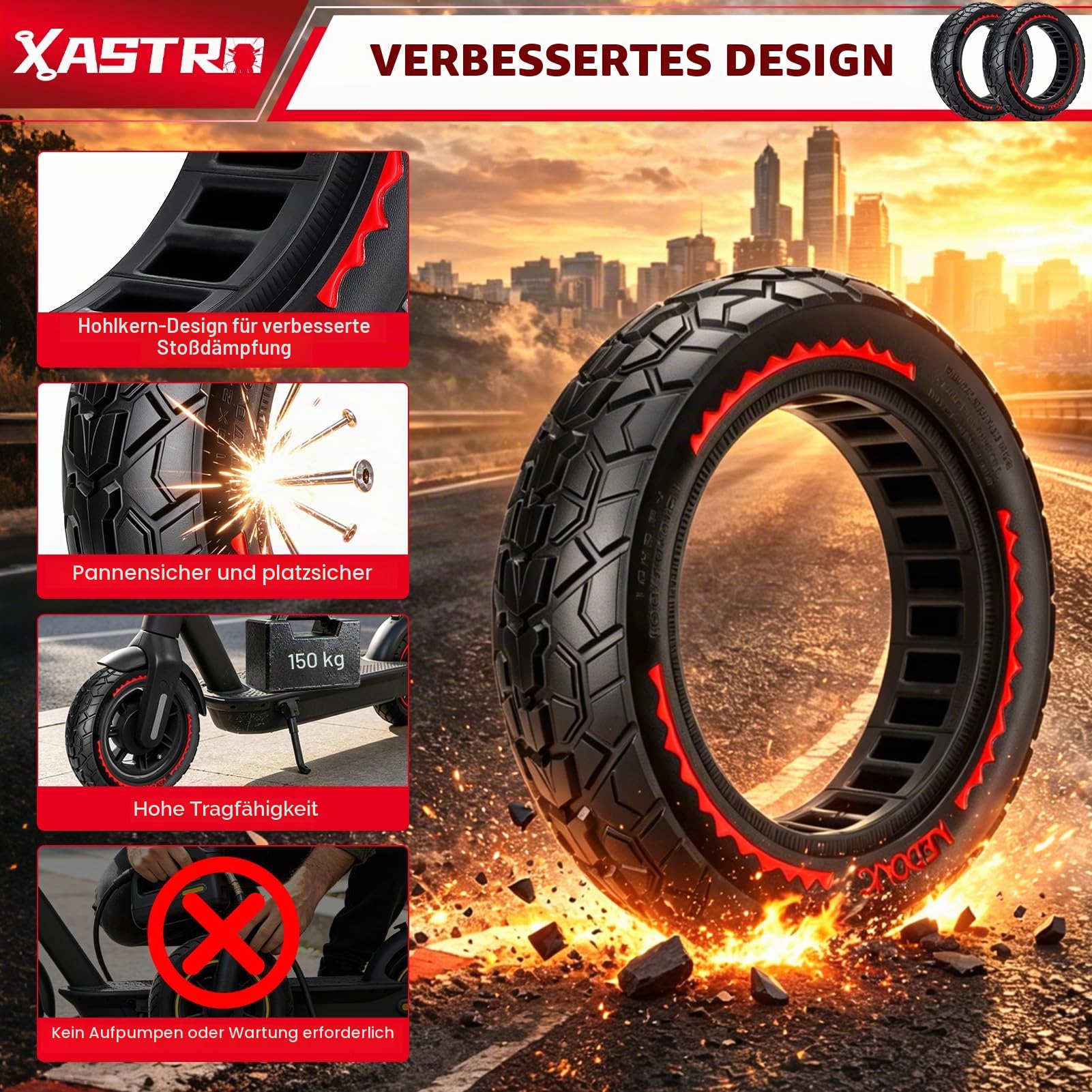 Xastro 2 PCS 10x2,50 E-Scooter Reifen 60/70-6.5 10x2.50 Vollgummi Geländereifen 10x2,5-6,5 Pannensichere Vollgummireifen Reifen Tubeless für G30/G30D/G30E/G30LP/G30D 2 und 5/5 Pro/5 Max (Rot)