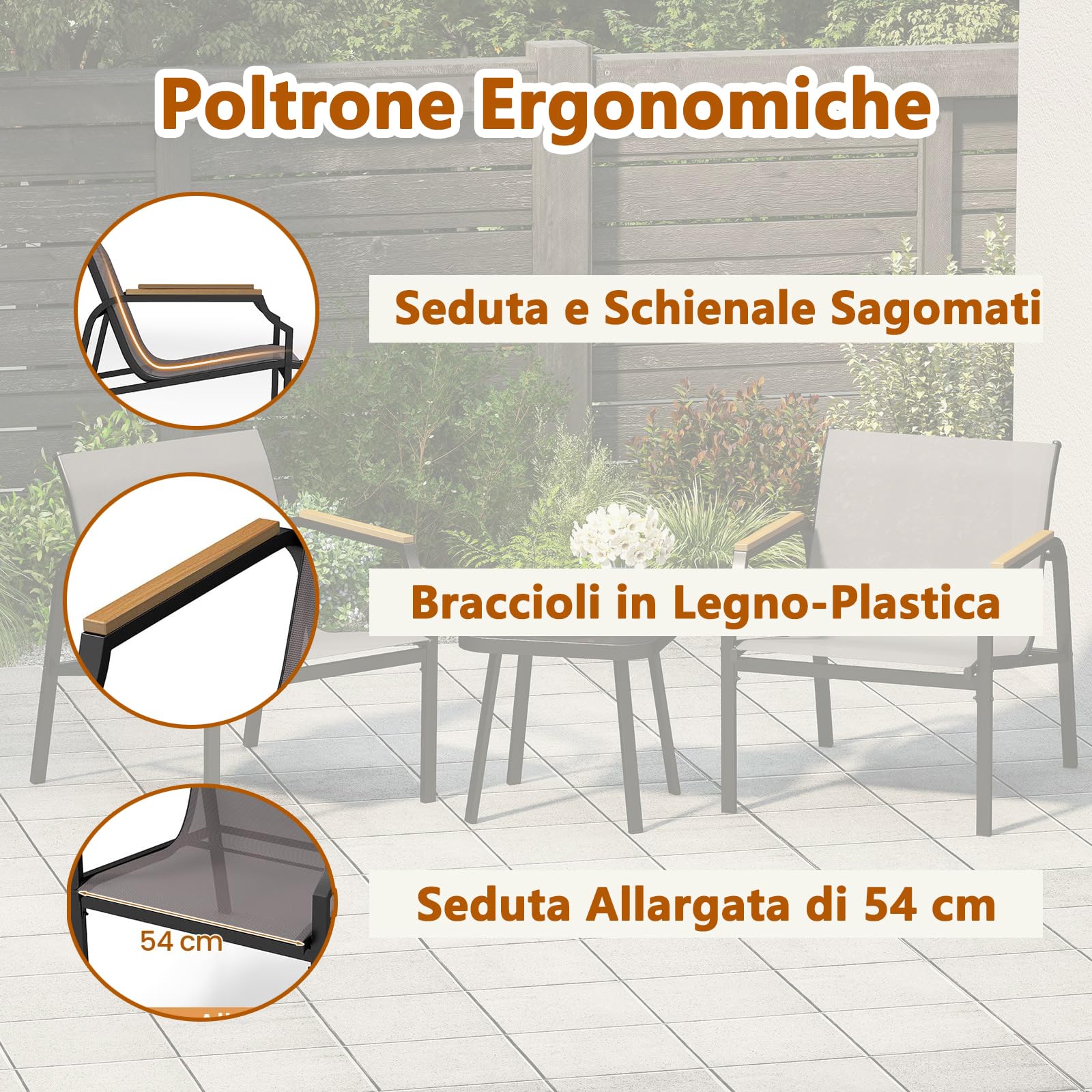 RELAX4LIFE Tavolo da Giardino con Sedie, Tavolino Salotto con Piano in Vetro Temperato e 2 Poltrona Moderne in Tessuto Traspirante, Set Bistrò 3 Pezzi per Terrazza/Patio/Balcone, Portata 150KG+50KG