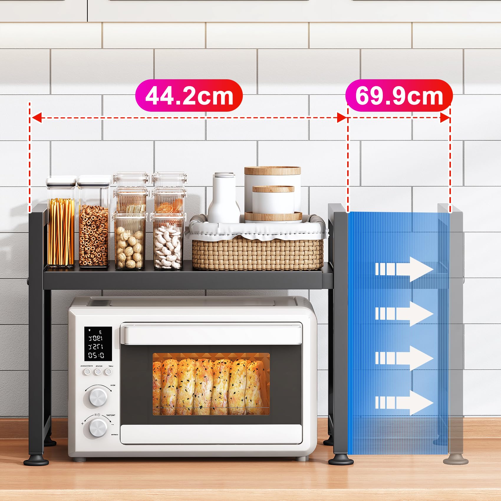 SAYZH Soporte Microondas Extensible, 2 Niveles estante microondas con 10 Ganchos, Soporte Para Microondas Para Encimera de Cocina, 40-70 cm, Negro