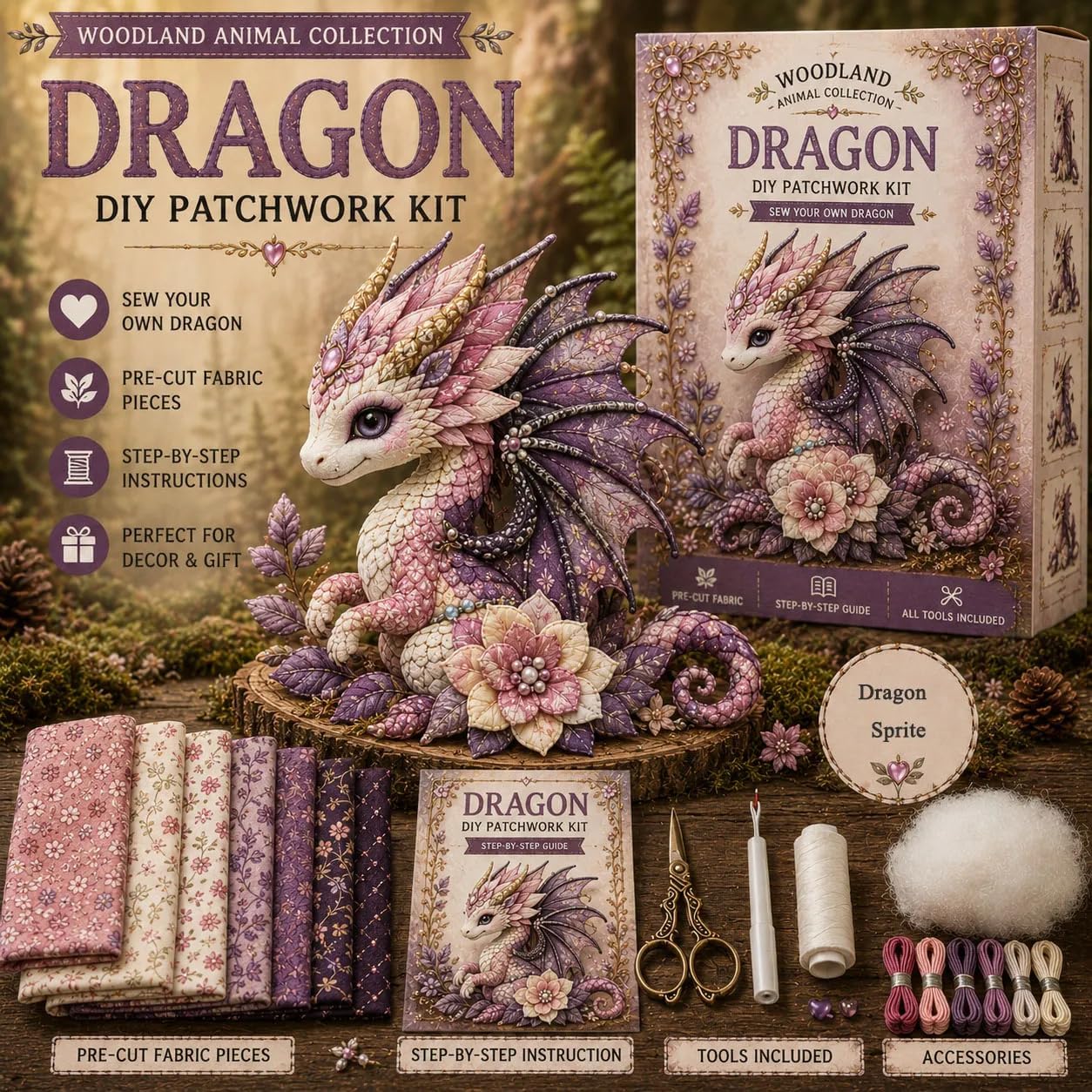Dragon Sprite Kit de couture pour patchwork à faire soi-même, ensemble de bricolage en peluche dragon fantaisie avec tissu prédécoupé et accessoires, kit de patchwork animal pour débutants, cadeau