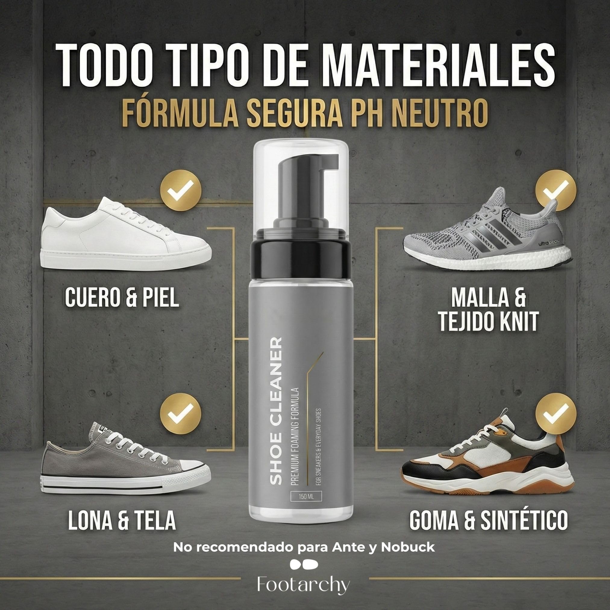 Footarchy Limpiador de Zapatillas en Espuma 150ml - Jabón para Limpiar Zapatos sin Agua - Secado Rápido para Cuero, Tela, Goma y Plásticos — view 5
