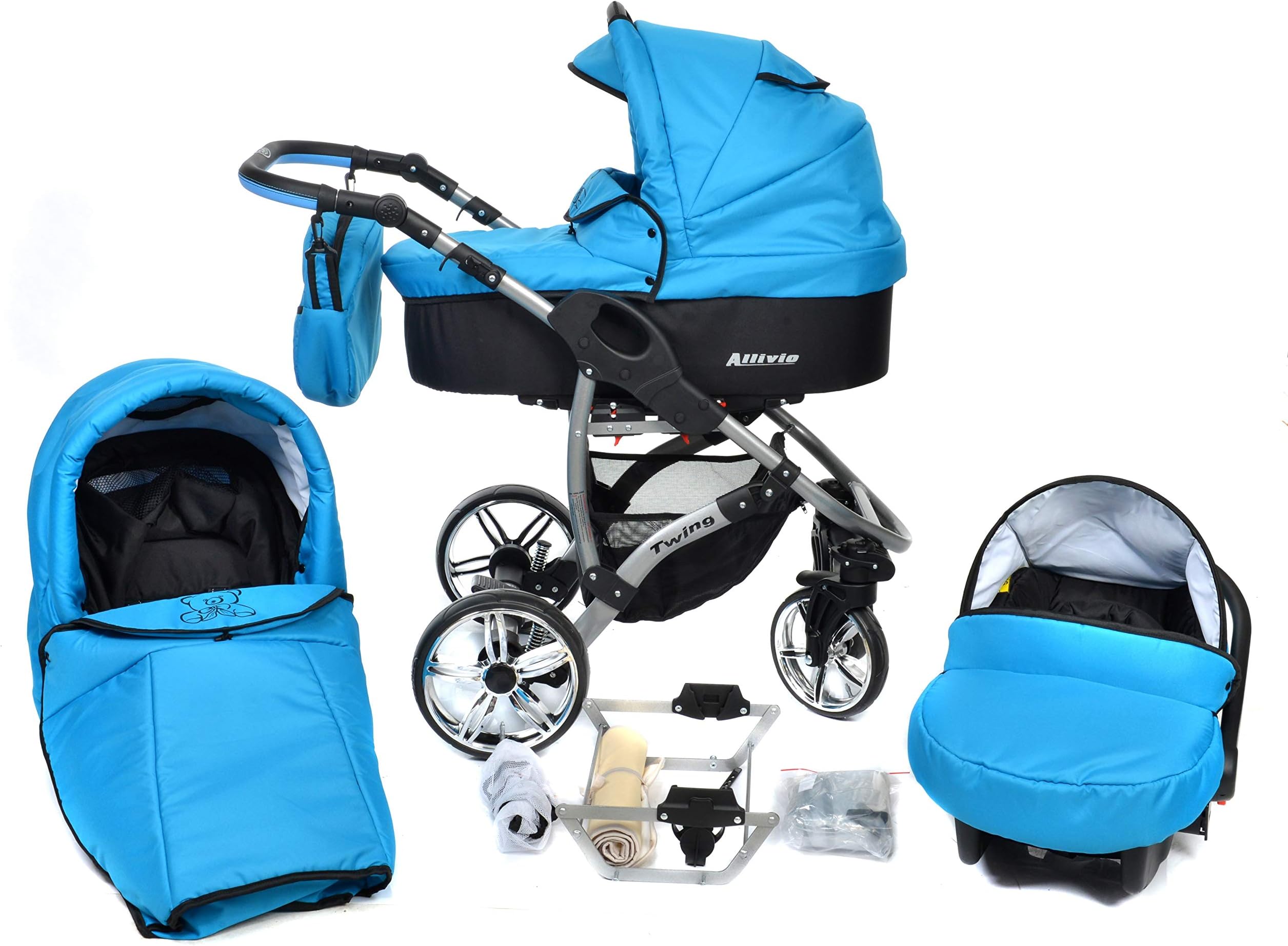 ALLIVIO, 3-in-1 Travel System with Baby Pram, Car Seat, Pushchair & Accessories (3in1 Travel System -Baby tub, Sport seat, Car seat, Black & Blue)