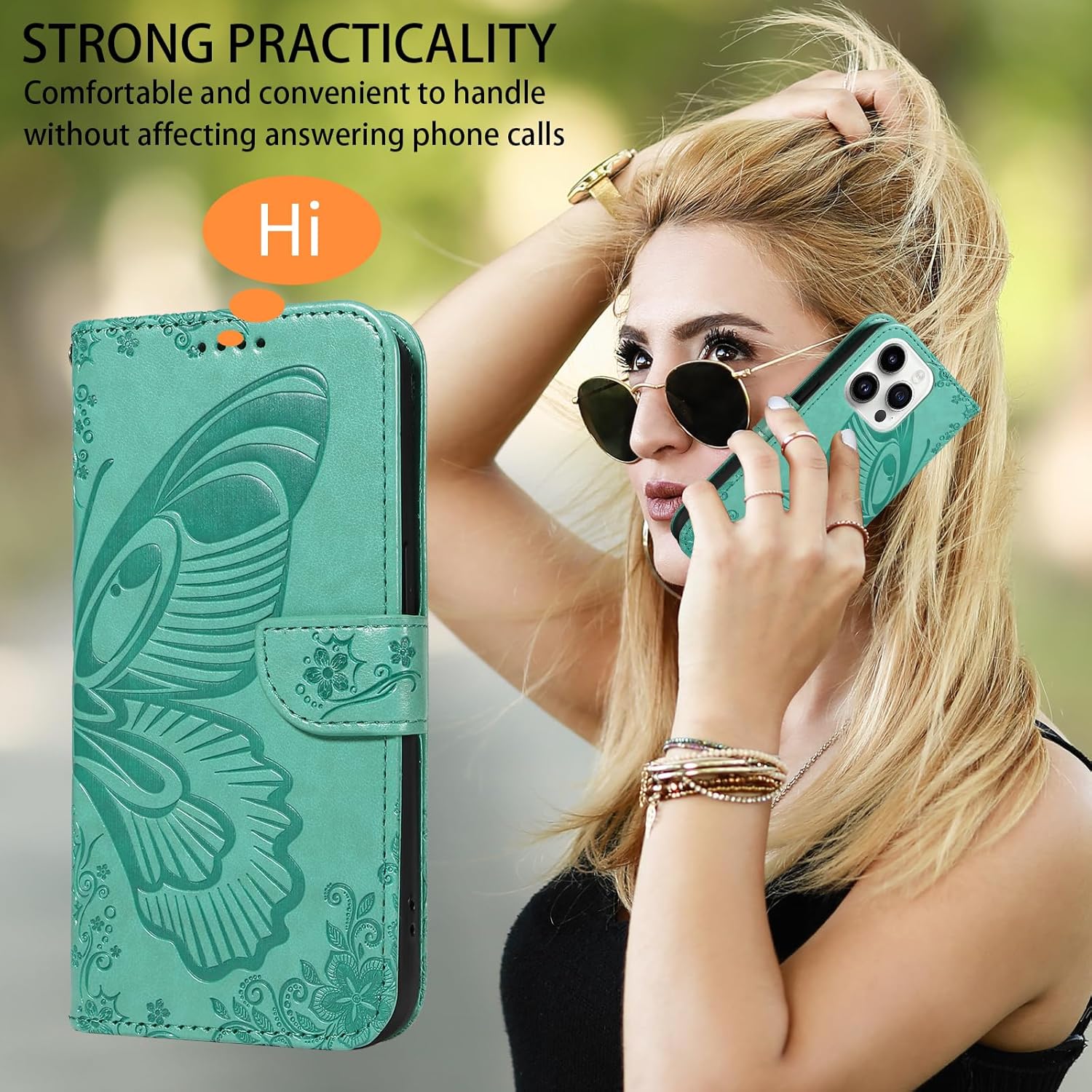 Caseurban Wallet Case for iPhone 16 pro with Card Holder, Premium PU Leather, Kickstand, Detachable Wrist Strap, Shockproof Magnetic Flip Cover for Women Men (Green) - Image 5