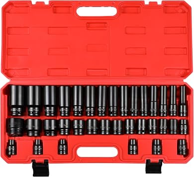 1/2" Impact Sockets Set, 35PCS 6 Point Deep Socket Tool Drive Jumbo Impact Socket Kit for Garage Workshop, SAE & Metric 8-32 MM