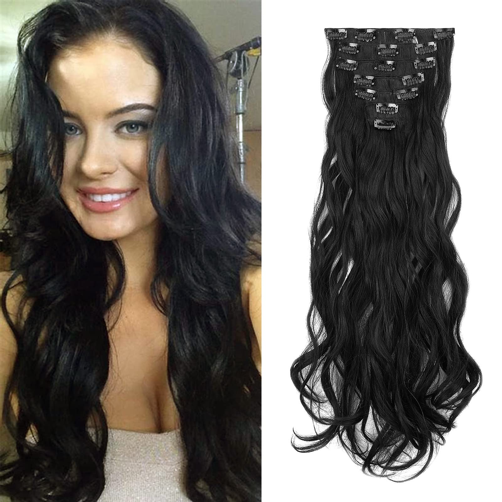 Gairyan Extension Capelli Clip 7 Pezzi Set Clip in Hair Extensions Ondulati Posticci per Capelli Finti Extension con Clip Naturali Sintetici Parrucchino Lungo Ricci Mossi 50cm per Donna - Jet Nero
