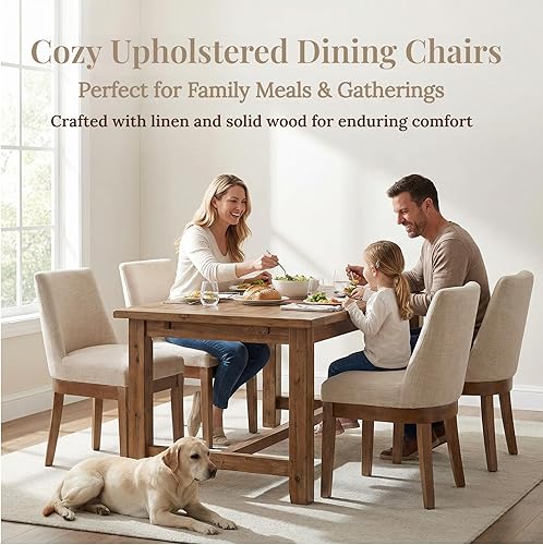 Miniatura 3 de HNY Juego de 6 sillas de comedor modernas con cómodo soporte de espalda, sillas de comedor de cocina tapizadas de lino suave con patas de madera