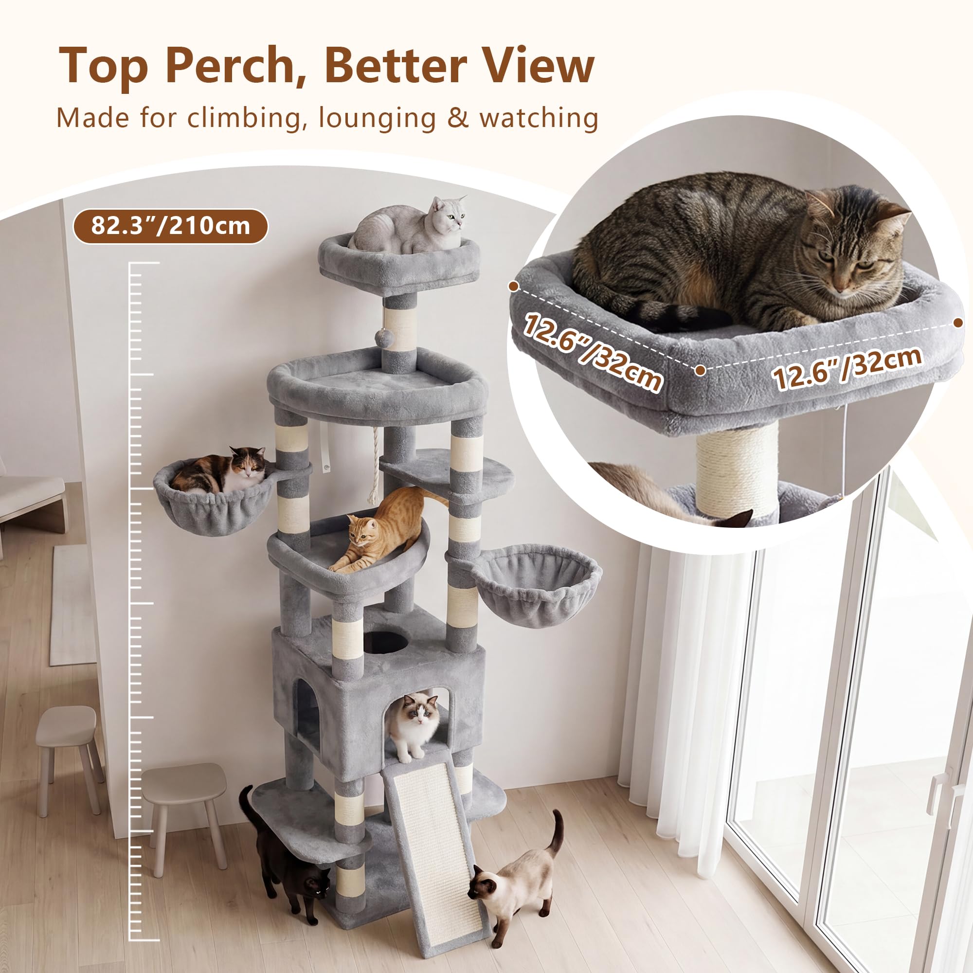 Heybly Árbol para Gatos XXL 210 cm, Torre Rascador Alta para Gatos Grandes de Interior, Condominio con 2 Cestas, Cueva, Plataformas y Tabla de Sisal, Gris Claro HCT063W