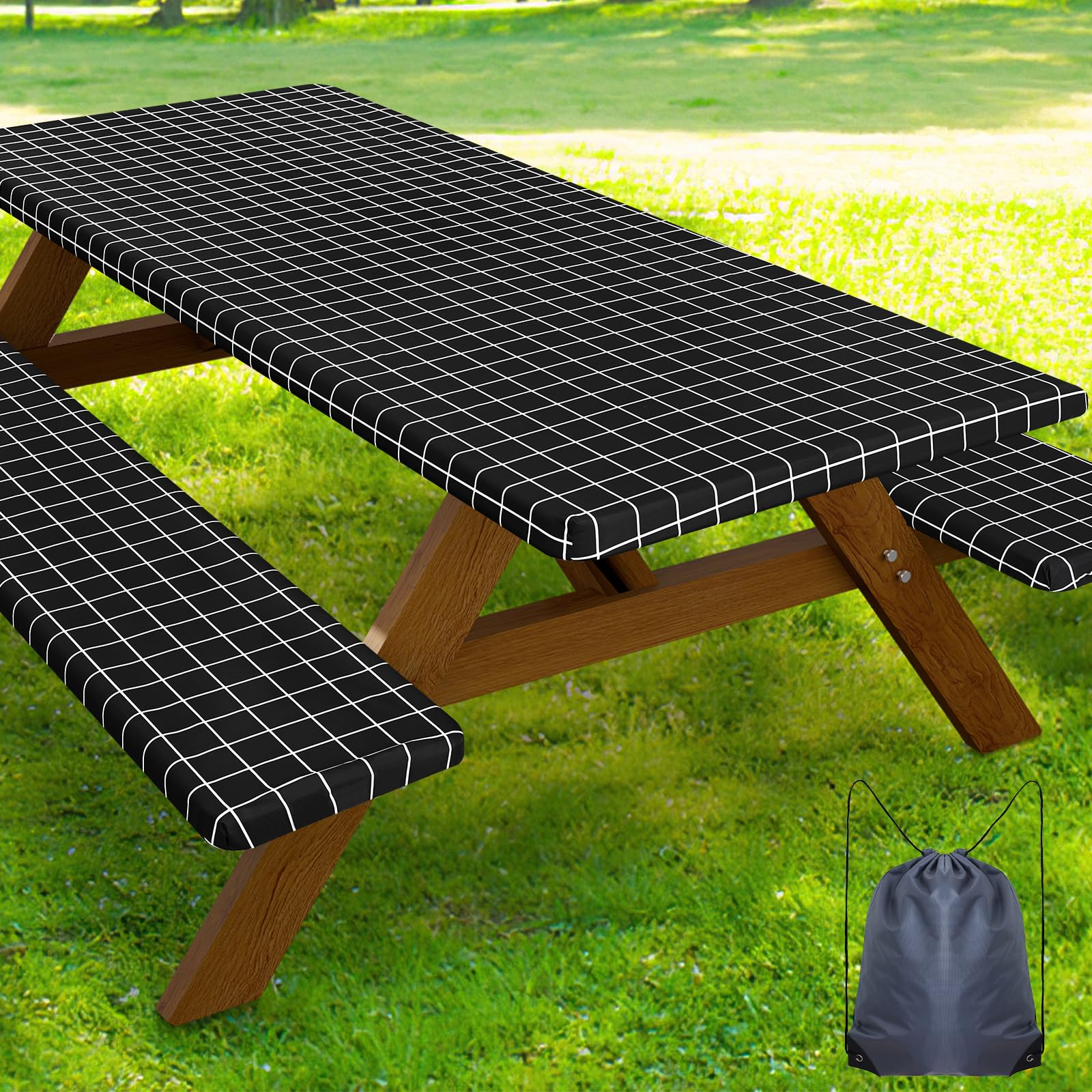 Smiry Picnic Table Cover with Bench Covers, Waterproof Elastic Fitted Tablecloth for 5 Foot Tables, Washable Polyester Tablecloths for Camping, Indoor &amp; Outdoor (Black &amp; White, 30x60 Inch 3-pc Set)