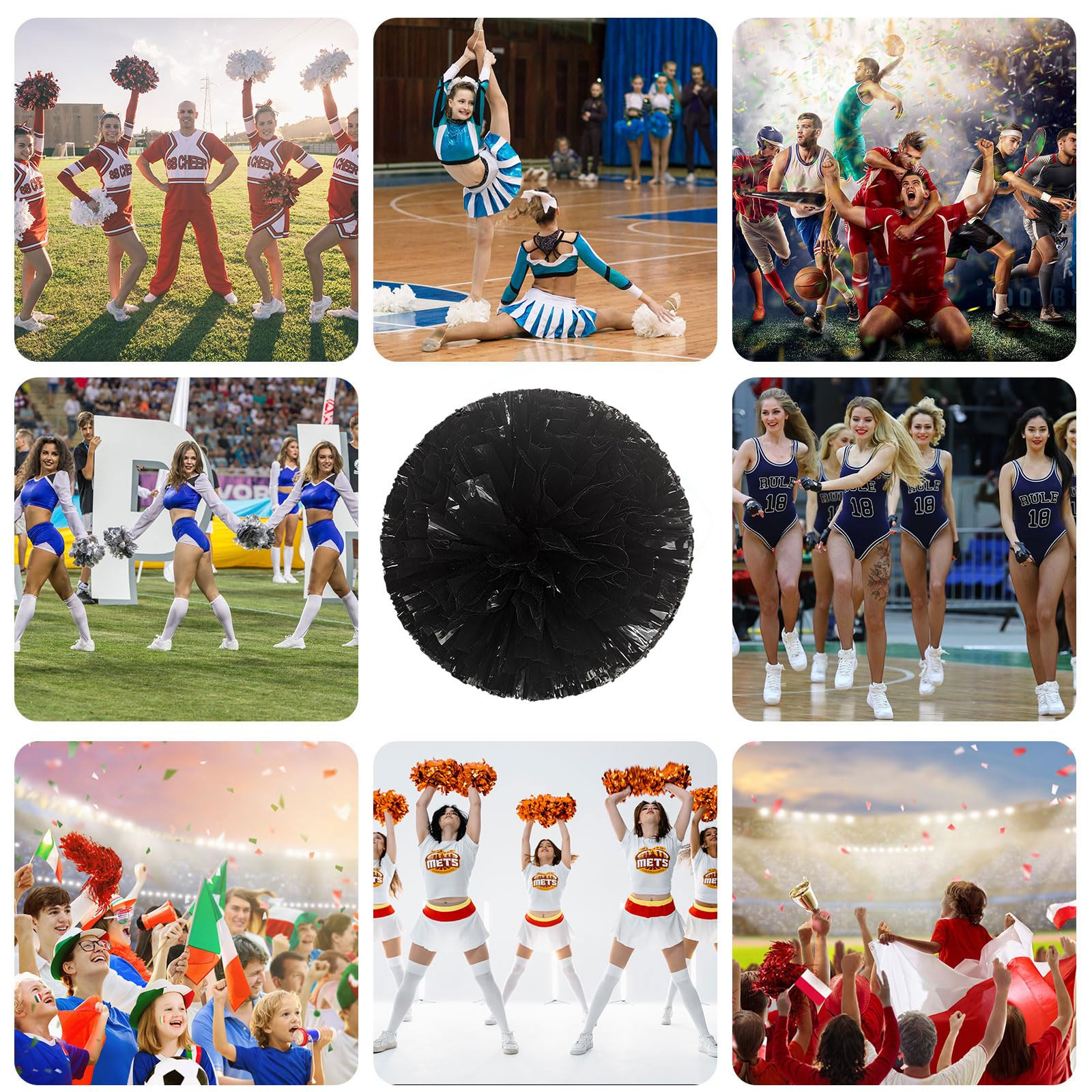 Pompony cheerleaderek, 16 szt. z prostym uchwytem, ręczne pompony drużynowe do drużyny sportowej Cheer Spirit Games, na imprezę taneczną dla dorosłych (czarne)