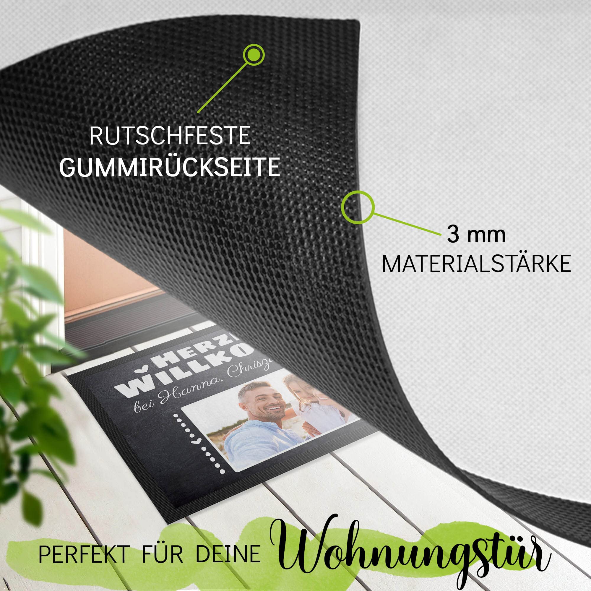 Print Royal Personalisierte Fußmatte mit Namen & Bild - Herzlich Willkommen - Geschenke zum Einzug | rutschfest, 120x80cm mit Gummirand