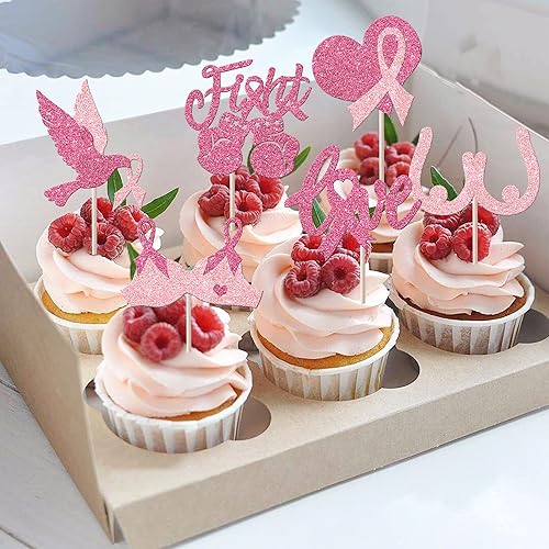 Miniatura 4 de Paquete de 24 adornos para cupcakes con purpurina para concientización sobre el cáncer de mama, cinta rosa con purpurina, para lucha contra el