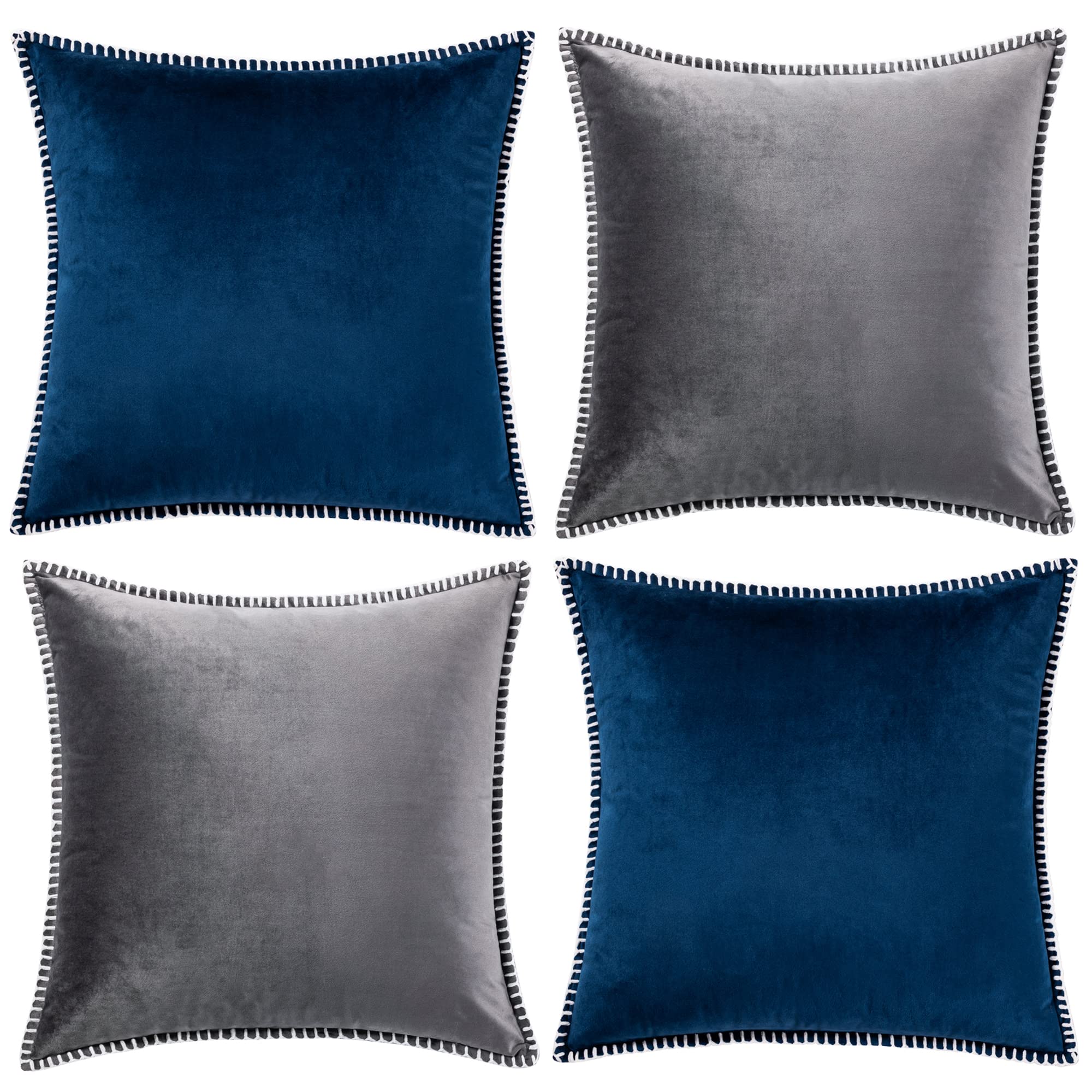 GAWAMAY Gray Throw Pillow Covers 16x16 Inch Soft Navy Blue Velvet Pillow Cover with Modern Chenille Edge, Winter Farmhouse Decorative Pillow Caces for Holiday Living Room Sofa Couch Beding (40x40cm)