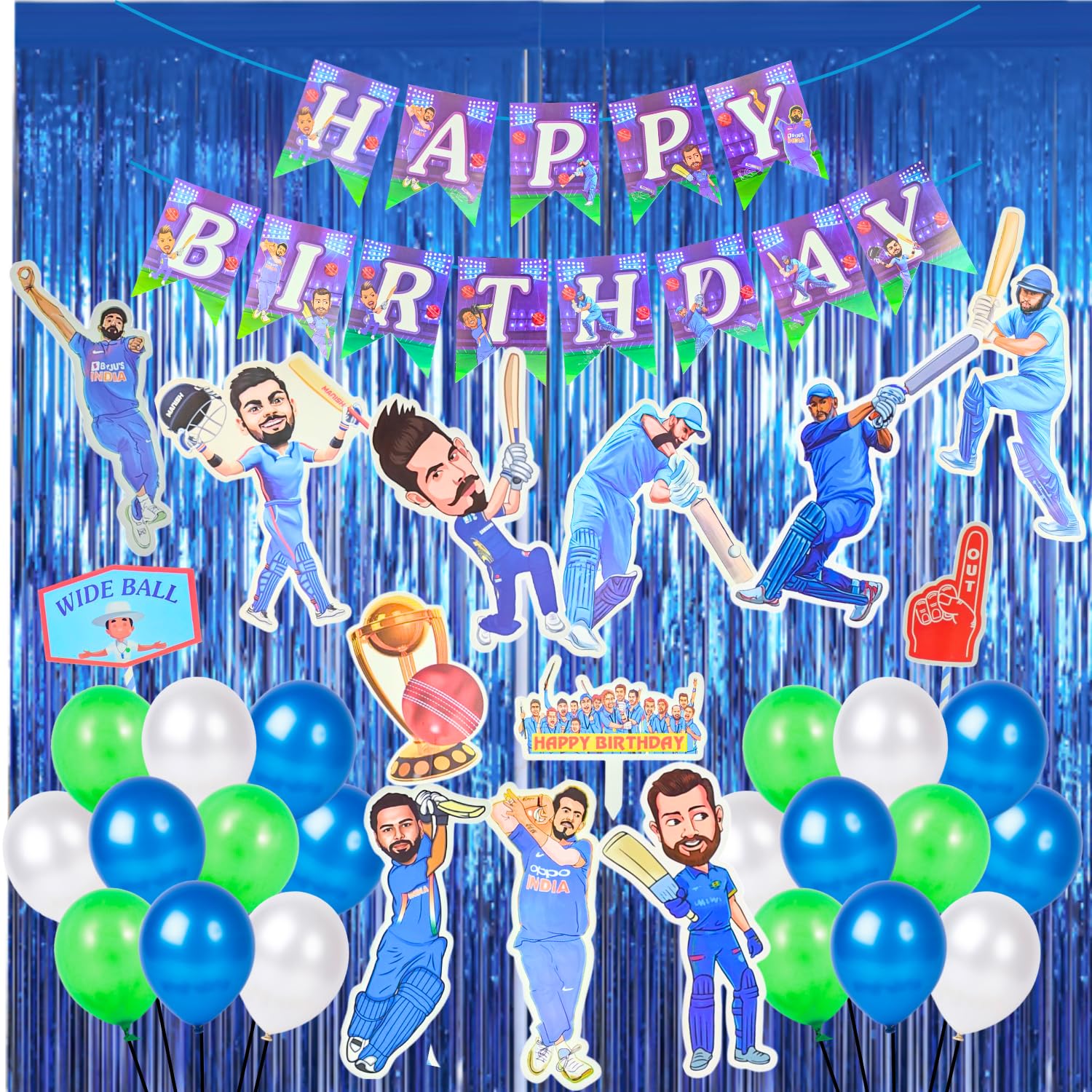 Party Decorz Cricket Theme Birthday Party Decorations Kit, 45 Pieces with Cake Topper, Foil Curtain, Cutouts, Props, and Balloons-image-0