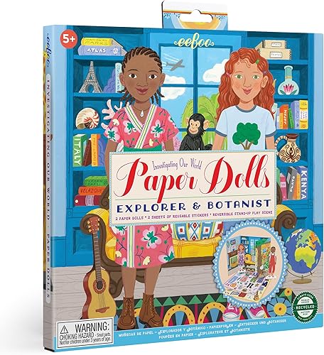 eeBoo: Muñecas de papel: explorador y botánico - Incluye 2 muñecas de papel, escena de pie y calcomanías, niños a partir de 5 años