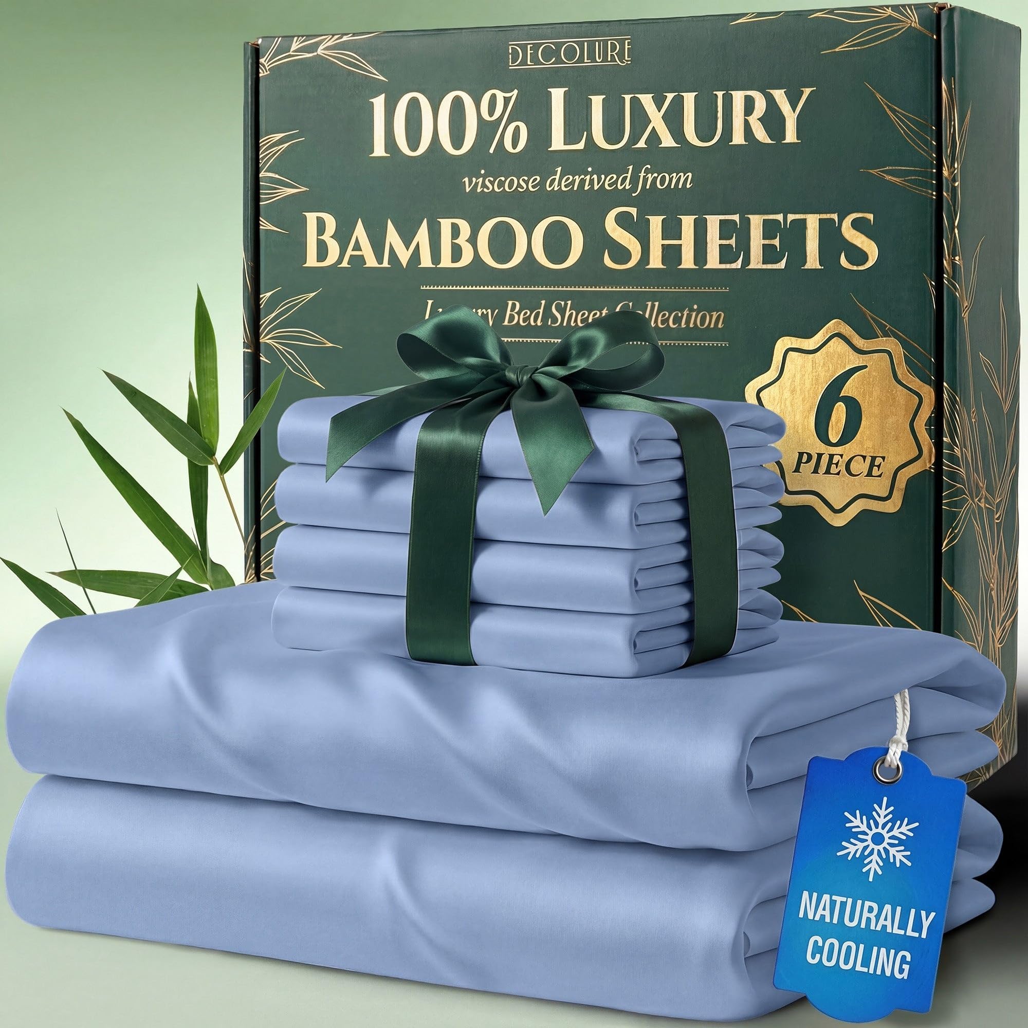 DECOLURE 100% Viscose Derived from Bamboo Sheets Queen Size - Luxury 6 Pc Naturally Cooling Sheets, Ultra Soft Bed Set - Deep 17" Pockets, Durable Double Stitching, Oeko Tex Standard (Light Blue)