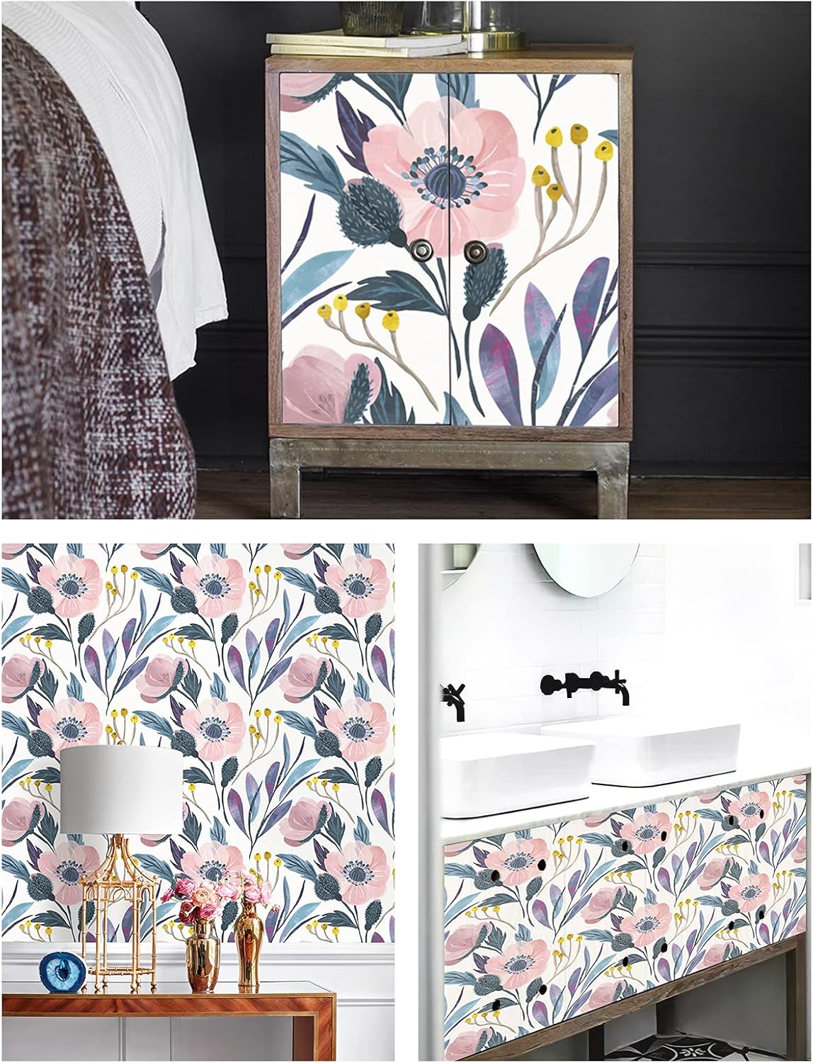 HAOKHOME 93019 Floral Peel and Stick Wallpaper Removable Pink/Blue/Yellow Vinyl Self Adhesive Shelf Liner 17.7in x 9.8ft