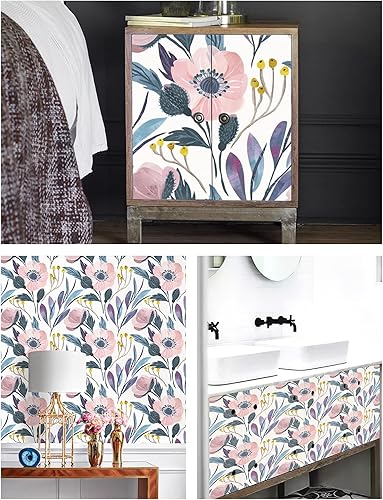 Miniatura 3 de HAOKHOME 93019 - Papel tapiz floral para despegar y pegar, extraíble, de vinilo color rosaazulamarillo, autoadhesivo para estantes, 17.7 x 78.7