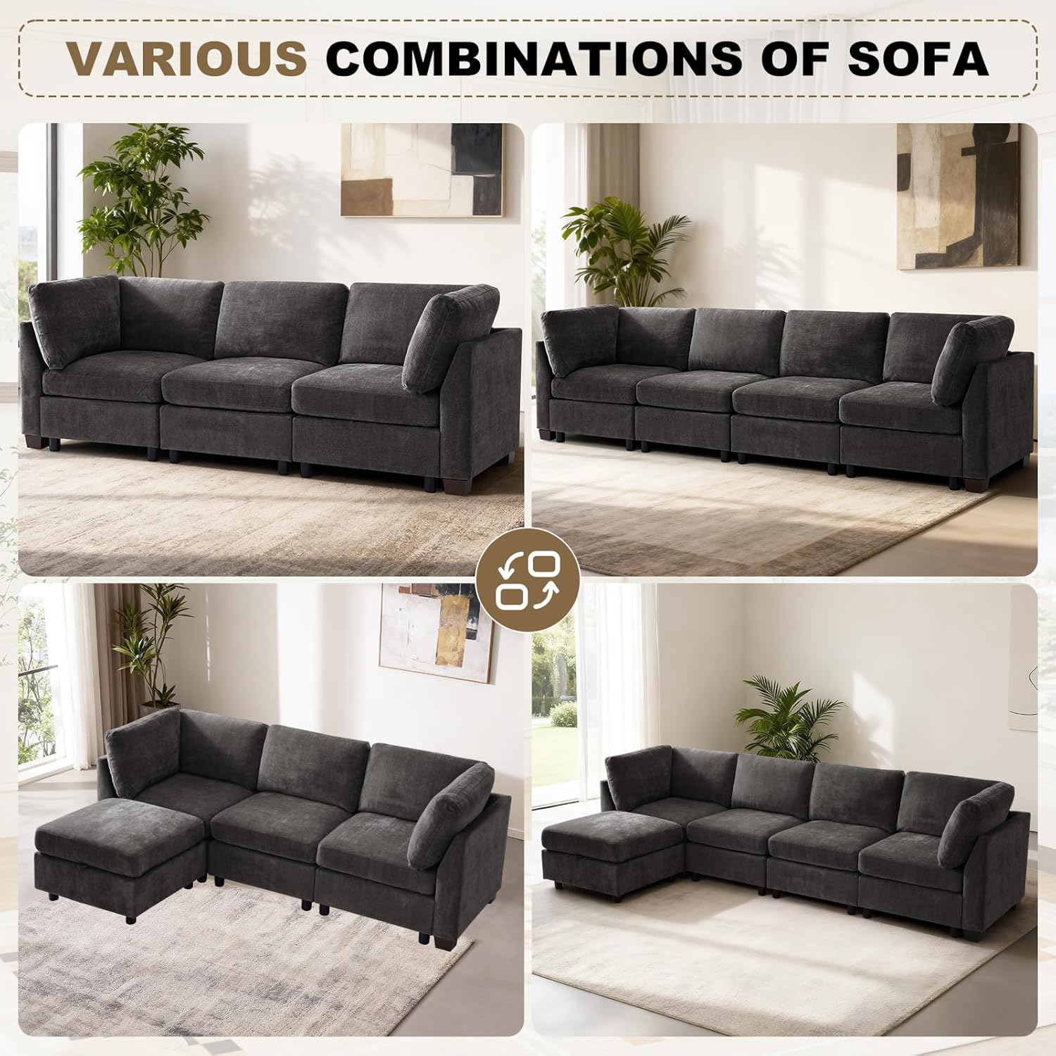 EDILLY 94 inches Oversized Modular Sectional Fabric Cloud Sofa Set, Extra Large L Shaped Couch Reversible Chaise Couch,3 Seat Modular Sofa,Grey