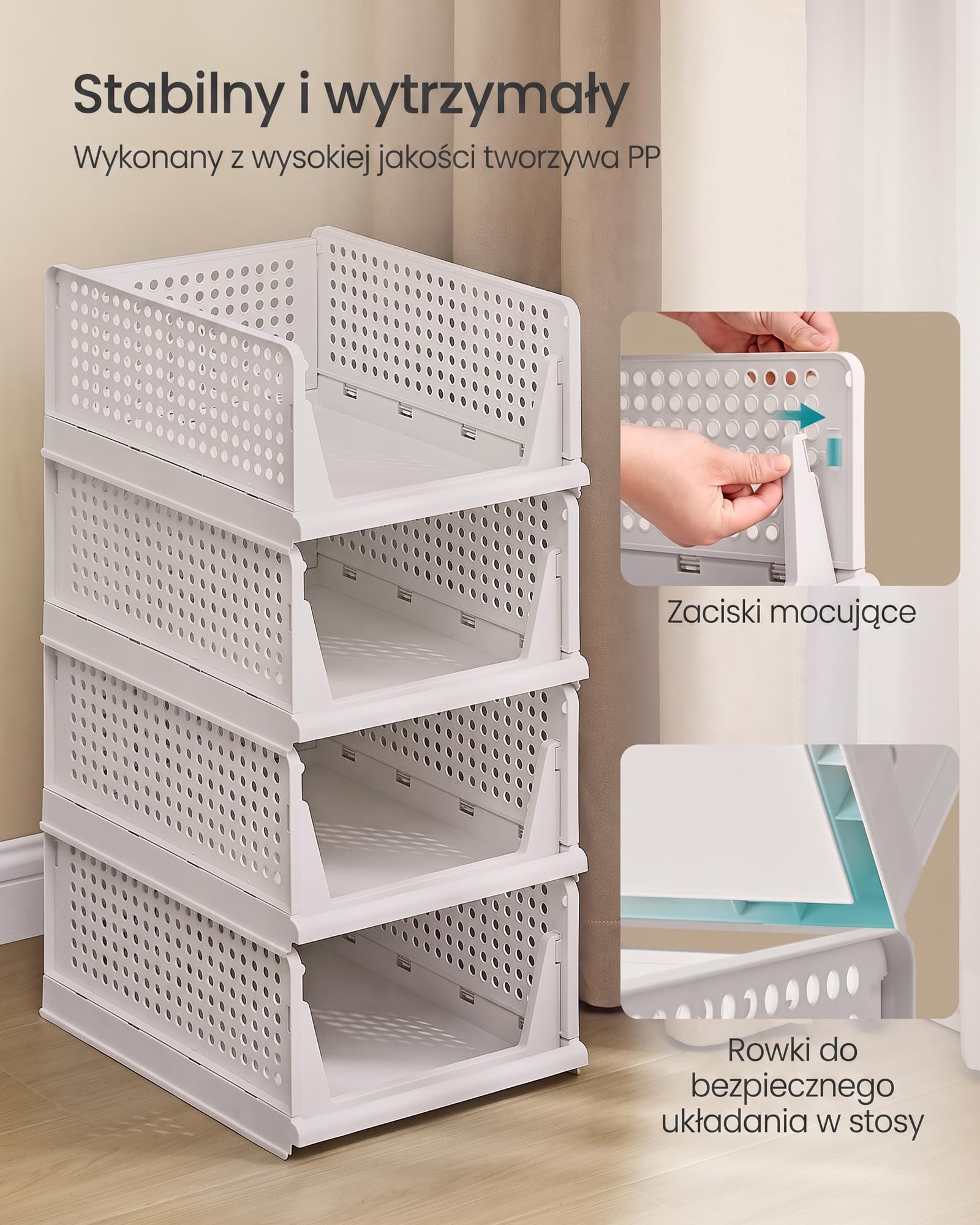 SONGMICS Organizery do Szafy, Zestaw 8, Wysuwane Kosze, 33 x 43 x 18,5 cm | Plastikowe Pojemniki do Przechowywania, Składane i Sztaplowane, Biały, Kolekcja DENNYS LPC800WZ01