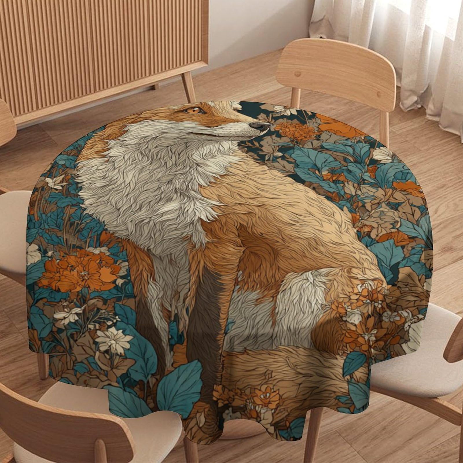 LUYYSKY Funny Realistic Fox Round Tablecloth Vintage Painting Art Fall Daisies Floral Animals Foxes Pattern Washable Decor for Table Cover for Kitchen-127 Wx127 L cm