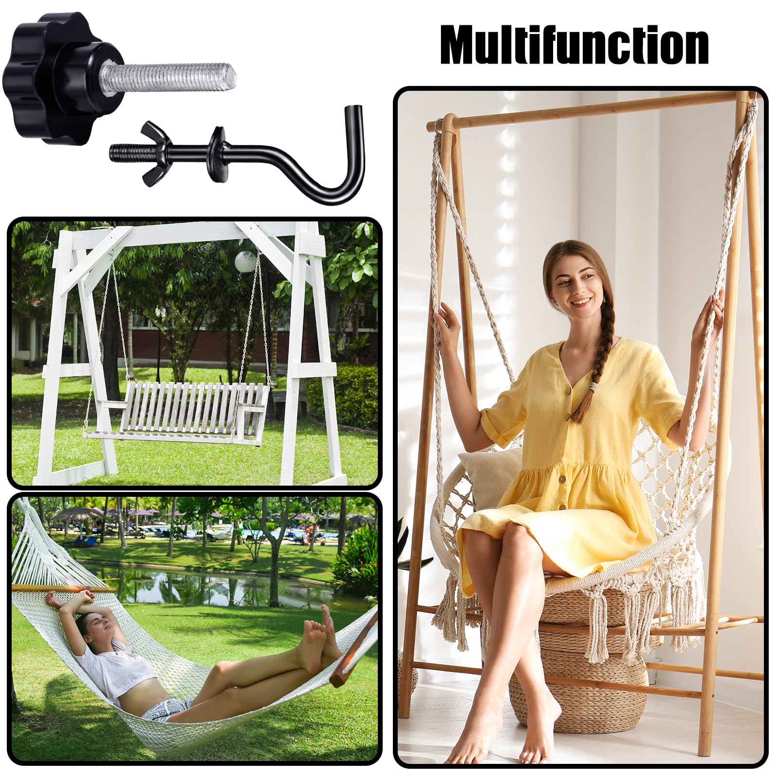 Therwen 8-teiliges Hängematten-Ersatz-Set, robuste Ersatzhaken, Gewinde, Ersatz-Stern, Handknauf für Hängematte, Schaukelstuhl, Terrasse, Regenschirm, Garten, Schwarz Garten