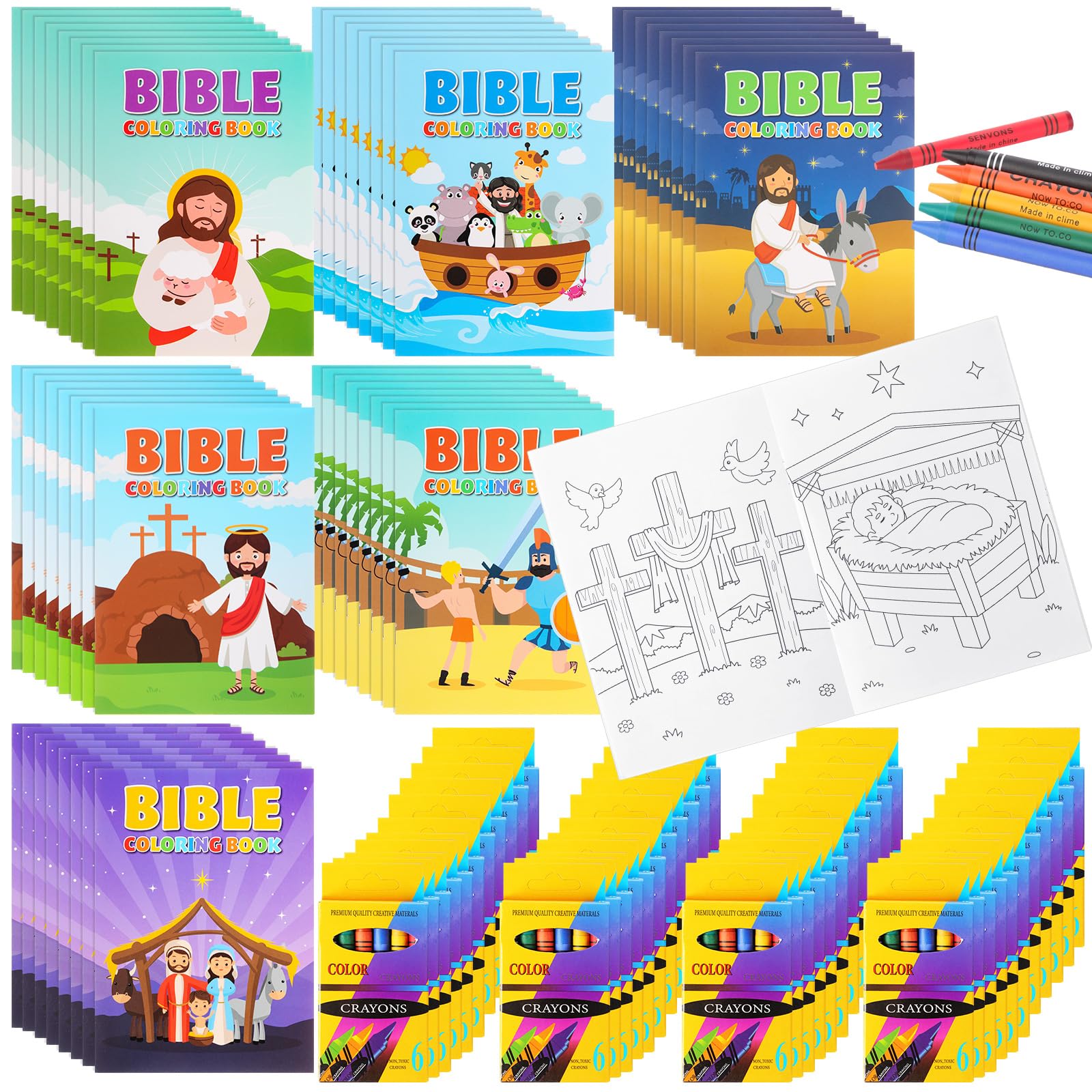 Gilprop 420pcs Christian Coloring Books with Crayons for Kids Easter Mini Coloring Book Bulk Religious Bible Story Activity Gift for Sunday School