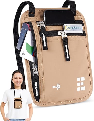 Miniatura 9 de Cartera de viaje con bloqueo RFID bolsa de viaje para el cuello soporte para pasaporte para mujeres y hombres mantiene los objetos de valor seguros