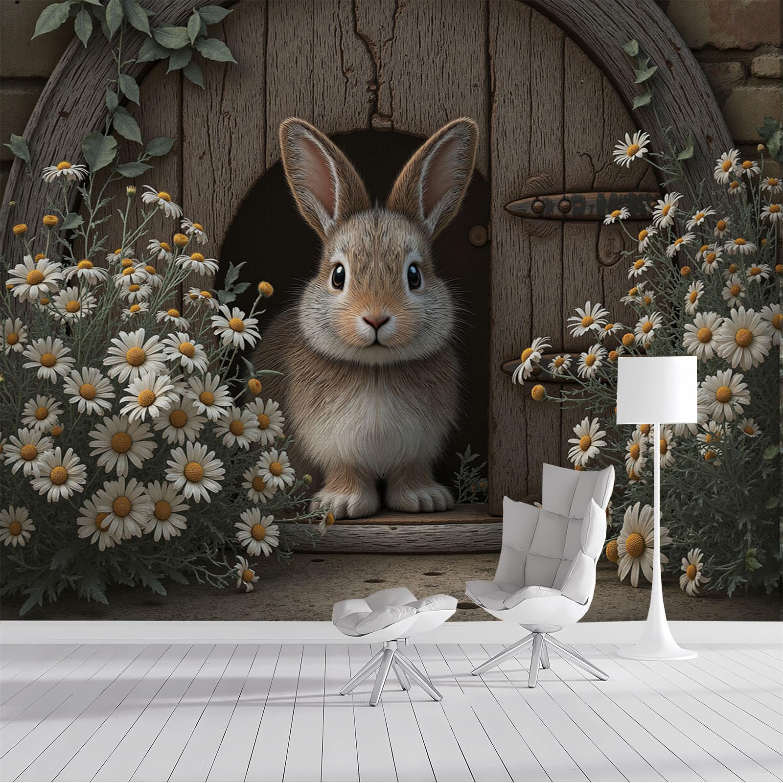 Papier Peint 3D Panoramique Lapin de Campagne en Bois 200X140cm