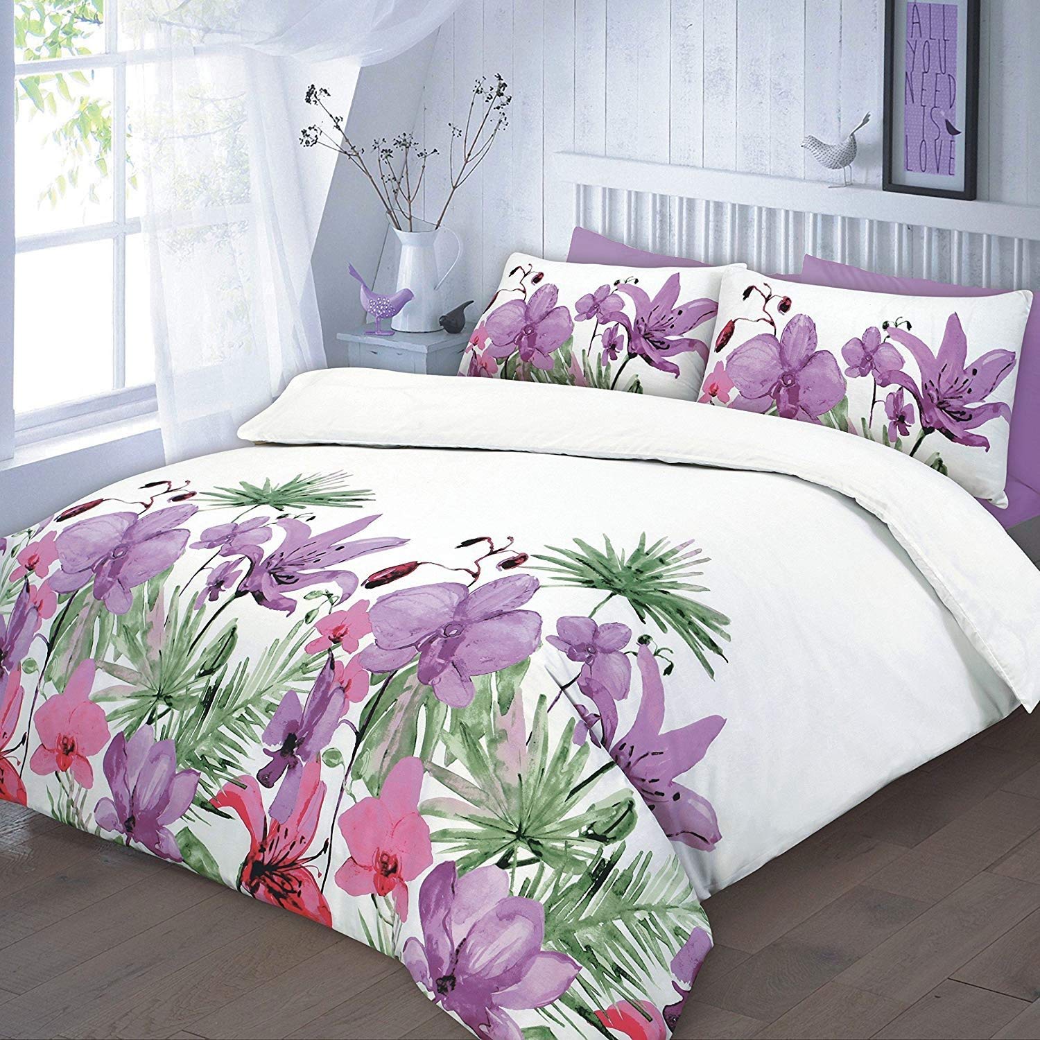 EGYPTO Pollycotton Printed Floral Design Super King Duvet Cover Set with Matching Pillowcases Bedding (Lily Lilac)