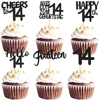 ALEGRE Cupcake Toppers for 14th Birthday Boy Pack of 24 Muffin Decoration for 14th Birthday Girls Black Glitter Cupcake Decoration Happy 14th Birthday Decoration Happy 14th Birthday Decoration 2011 Cake Decoration 14