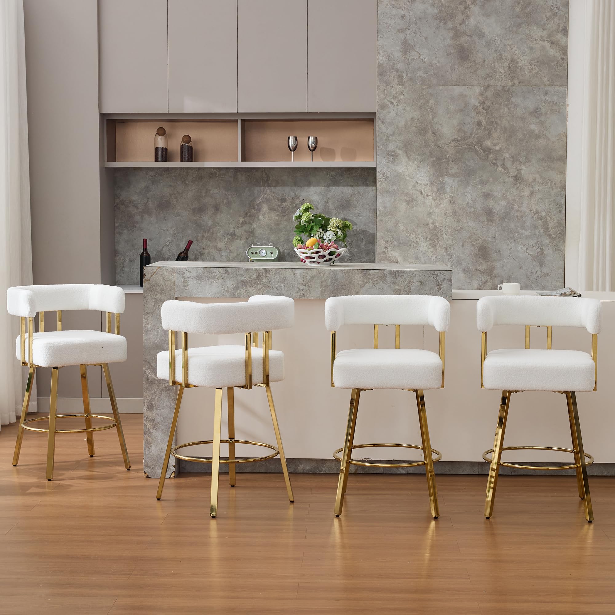 YISHENG Modern White Counter Height Barrel Teddy Velvet Upholstered Bar Stools Set of 4, 27 Inch Kitchen Island Bar Chairs with Gold Metal Frame Backrest and Arms