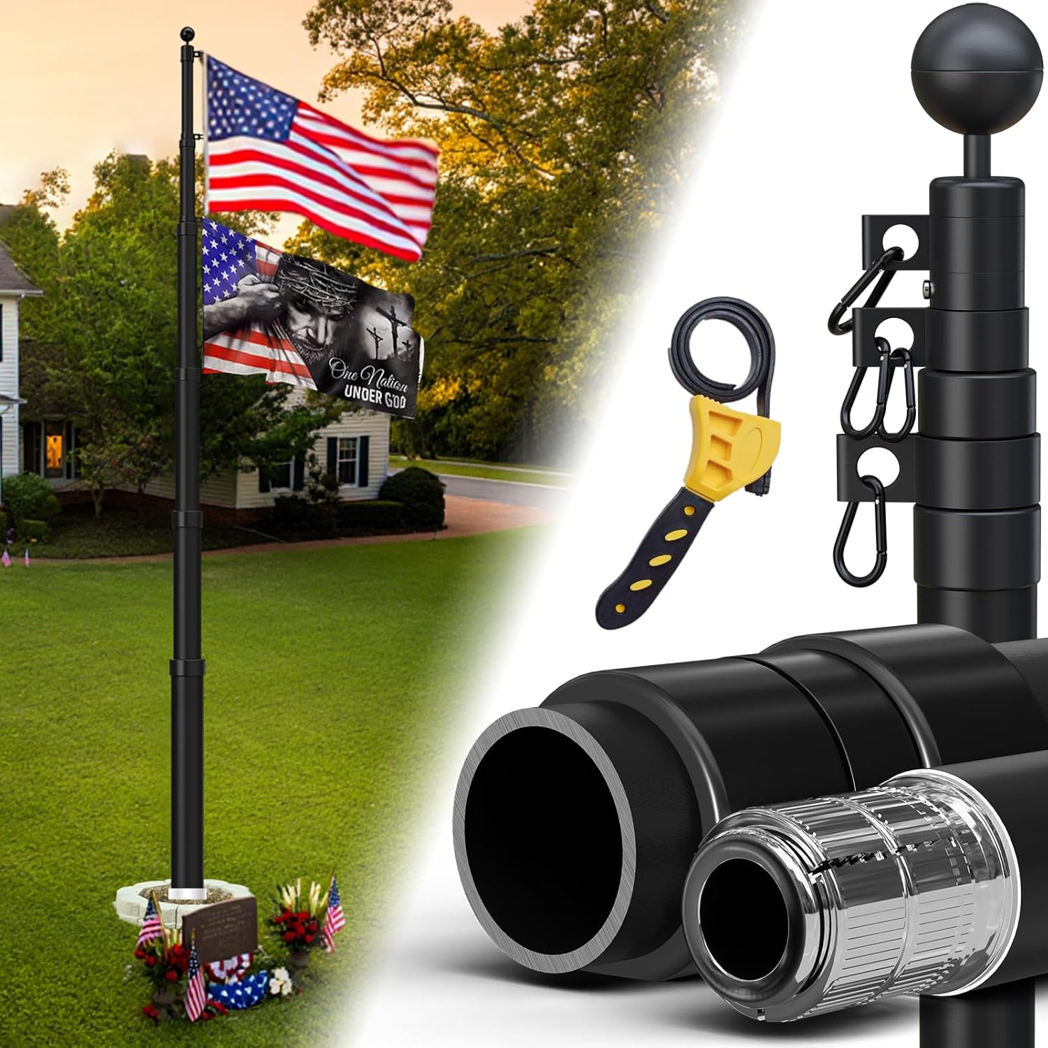 Black 16FT Telescoping Flag Pole Kit – 13 Gauge Black Aluminum for Outside House In-Ground Residential or Commercial Use, 80MPH Withstand, with Anti-Tangle Ring, Steel Clips, Nylon Flag
