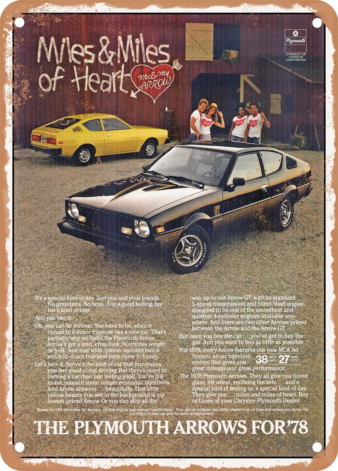 Miaomansenstore Metal Sign - 1978 Plymouth Arrows: Miles And Miles Of Hearth Vintage Ad Home Decor
